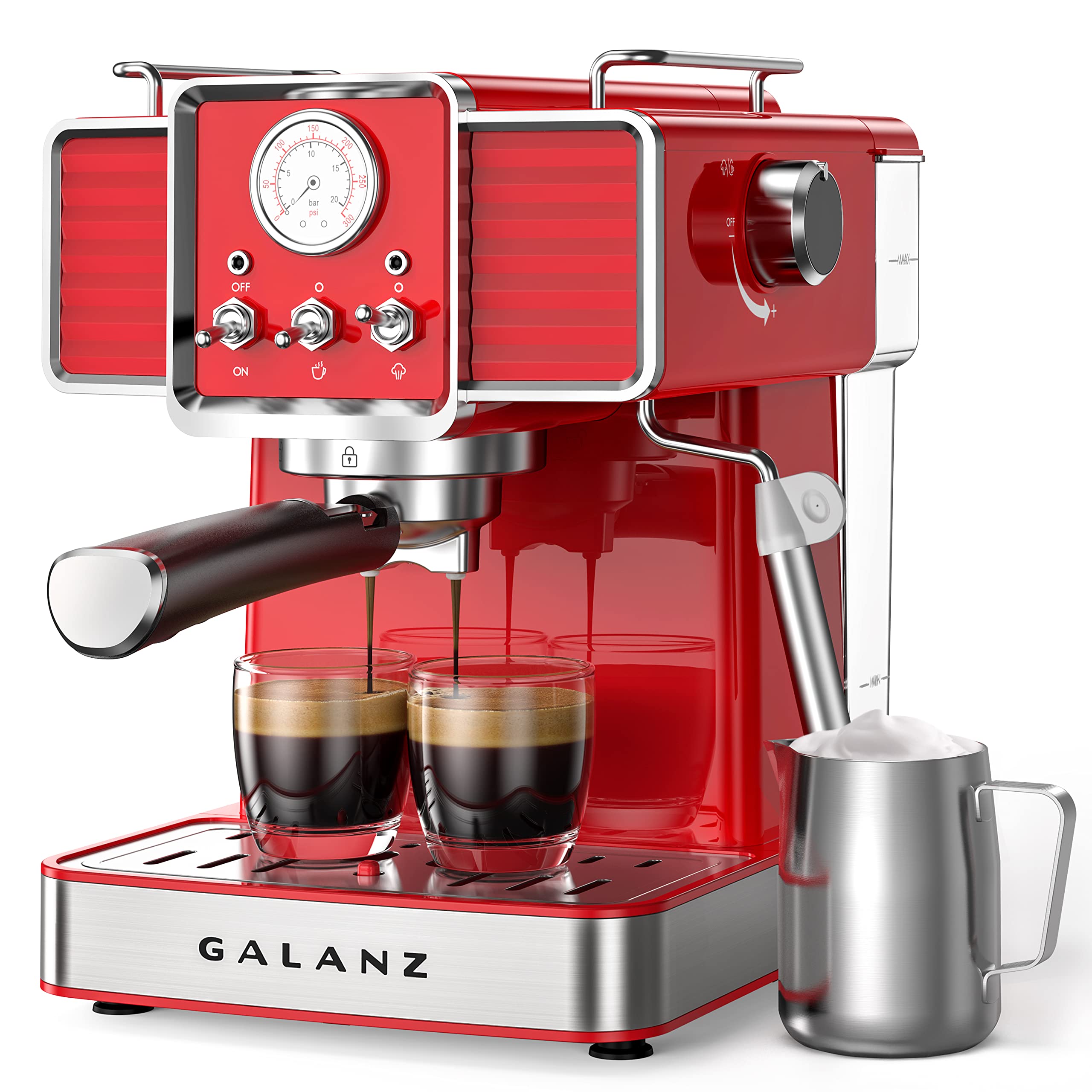 Galanz Retro Espresso Machine with Milk Frother - 15 Bar Pump Professional Cappuccino & Latte Maker, 1.5L Removable Water Tank, 1350W (Vintage Red) - Perfect for Home Coffee Bars, Office Break Rooms & Gift Giving