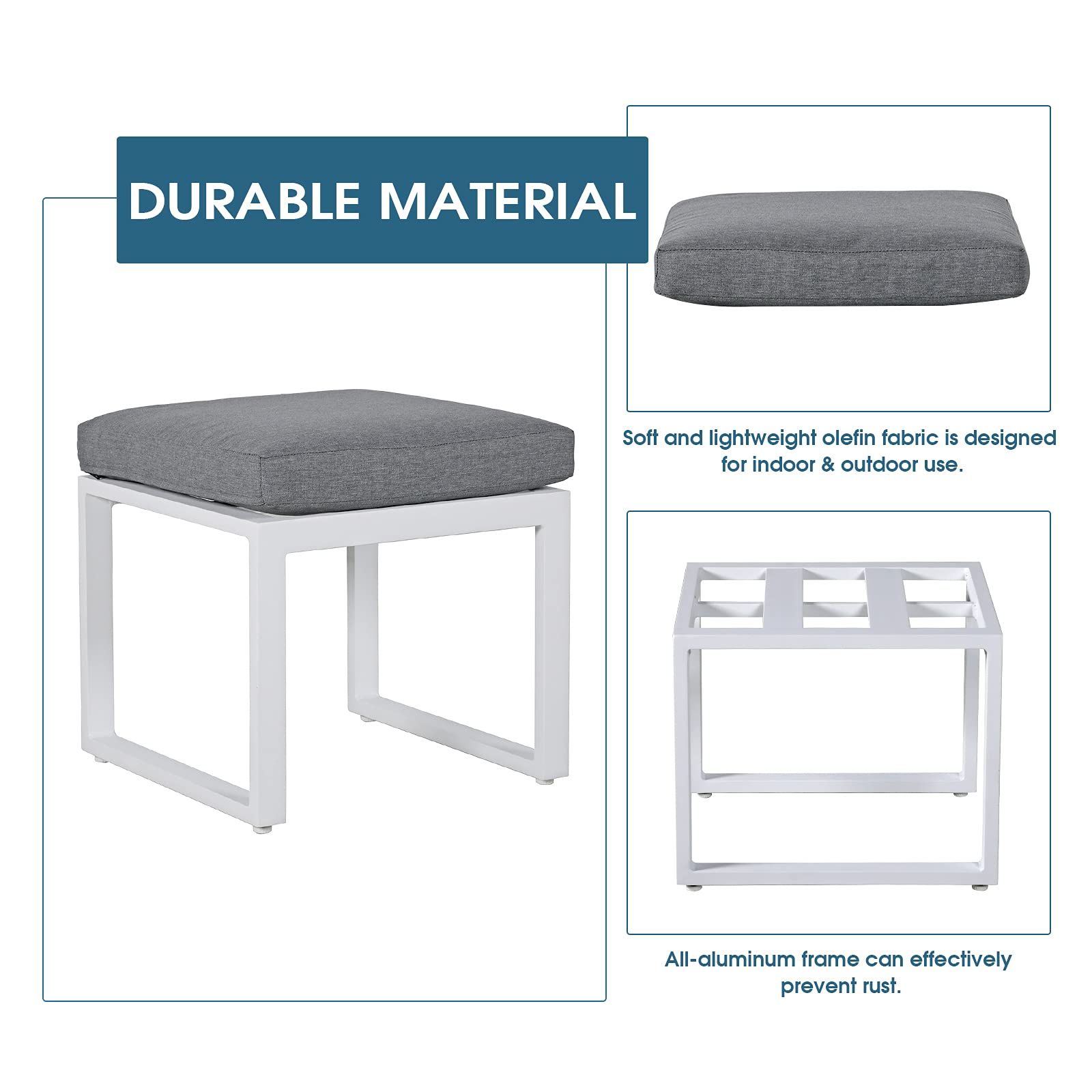 Outdoor Ottomans Set of 2 - Aluminum Patio Footstools with Grey Cushions, White Frame Garden Furniture for Yard, Deck & Poolside | Perfect for Relaxing by the Pool, Outdoor Entertaining & Backyard Lounging