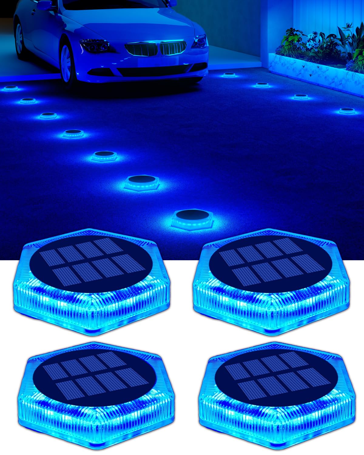 Solar Powered Outdoor LED Driveway Lights - IP68 Waterproof, 4 Pack Blue Solar Deck Step Lights for Stairs, Garage, Pool, Fence & Garden Pathway - Perfect for Nighttime Safety and Landscape Lighting