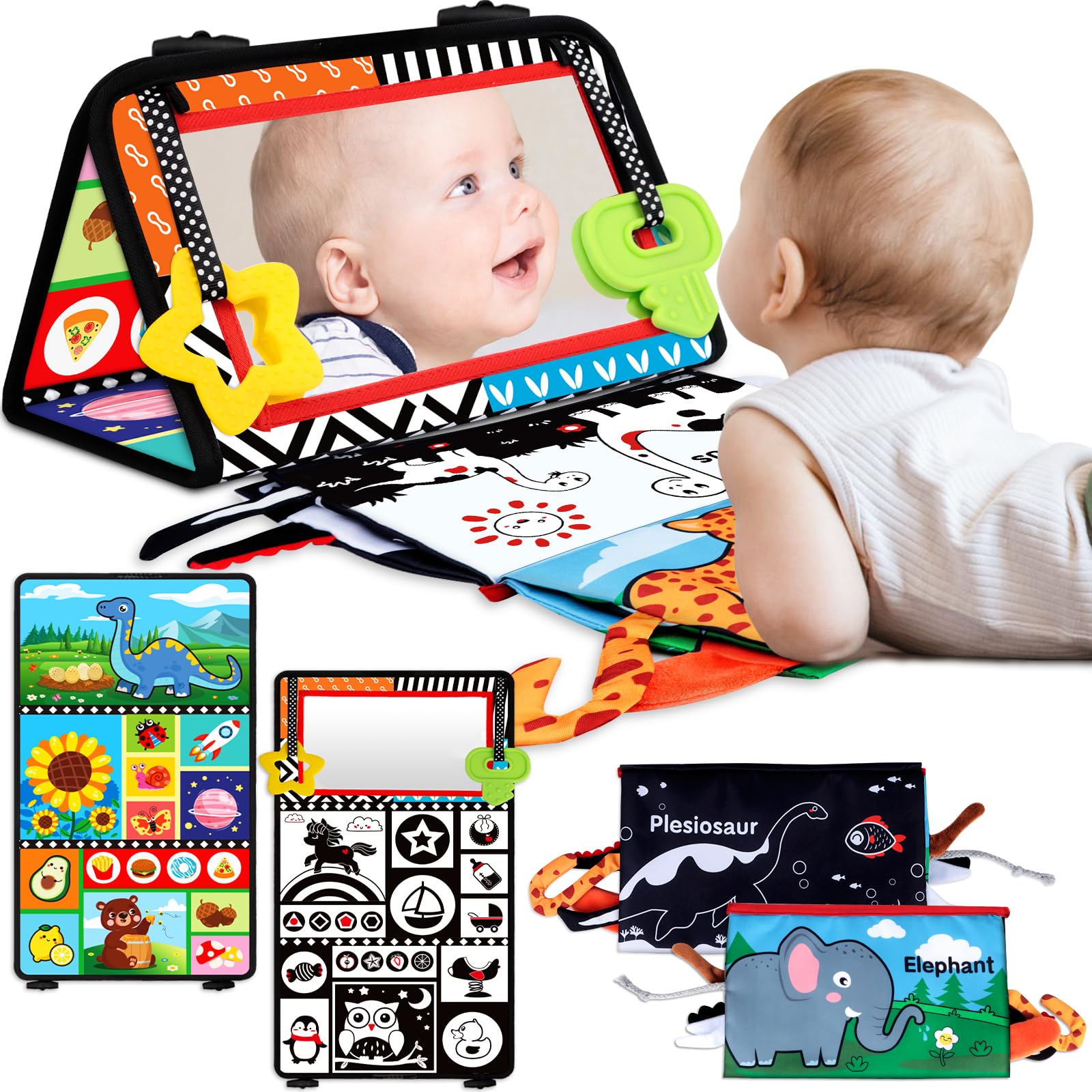 Montessori Baby Mirror Toy for Tummy Time - High Contrast Sensory Toy with Crinkle Book & Teether for Brain Development - Newborn Infant Toys 0-12 Months - Perfect Baby Shower Gift for Boys & Girls - Great for Playtime, Learning & Early Childhood Development