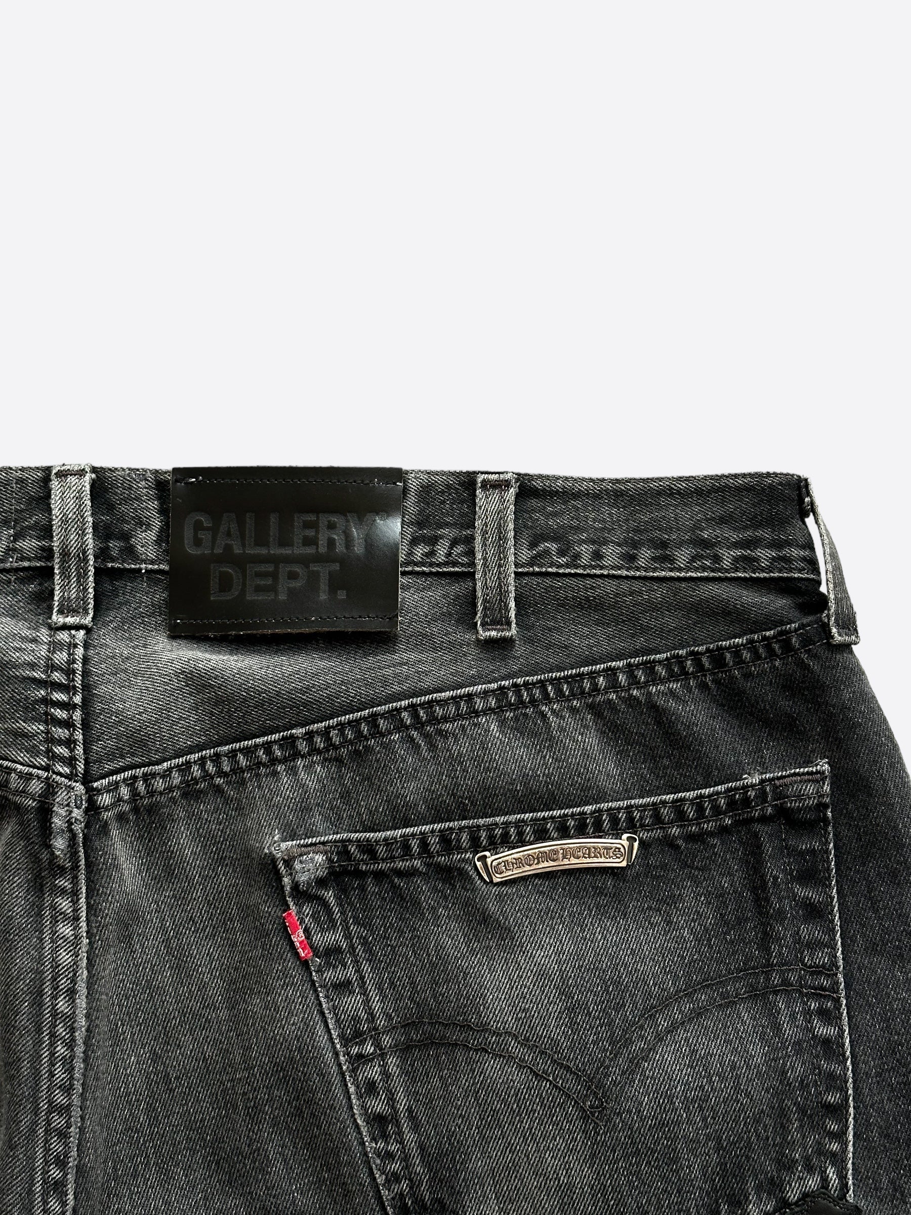 Chrome Hearts x Gallery Dept x Levis Grey & Black Cross Patch Distressed Jeans for Men - Vintage Denim Pants with Unique Design, Perfect for Streetwear & Casual Outfits