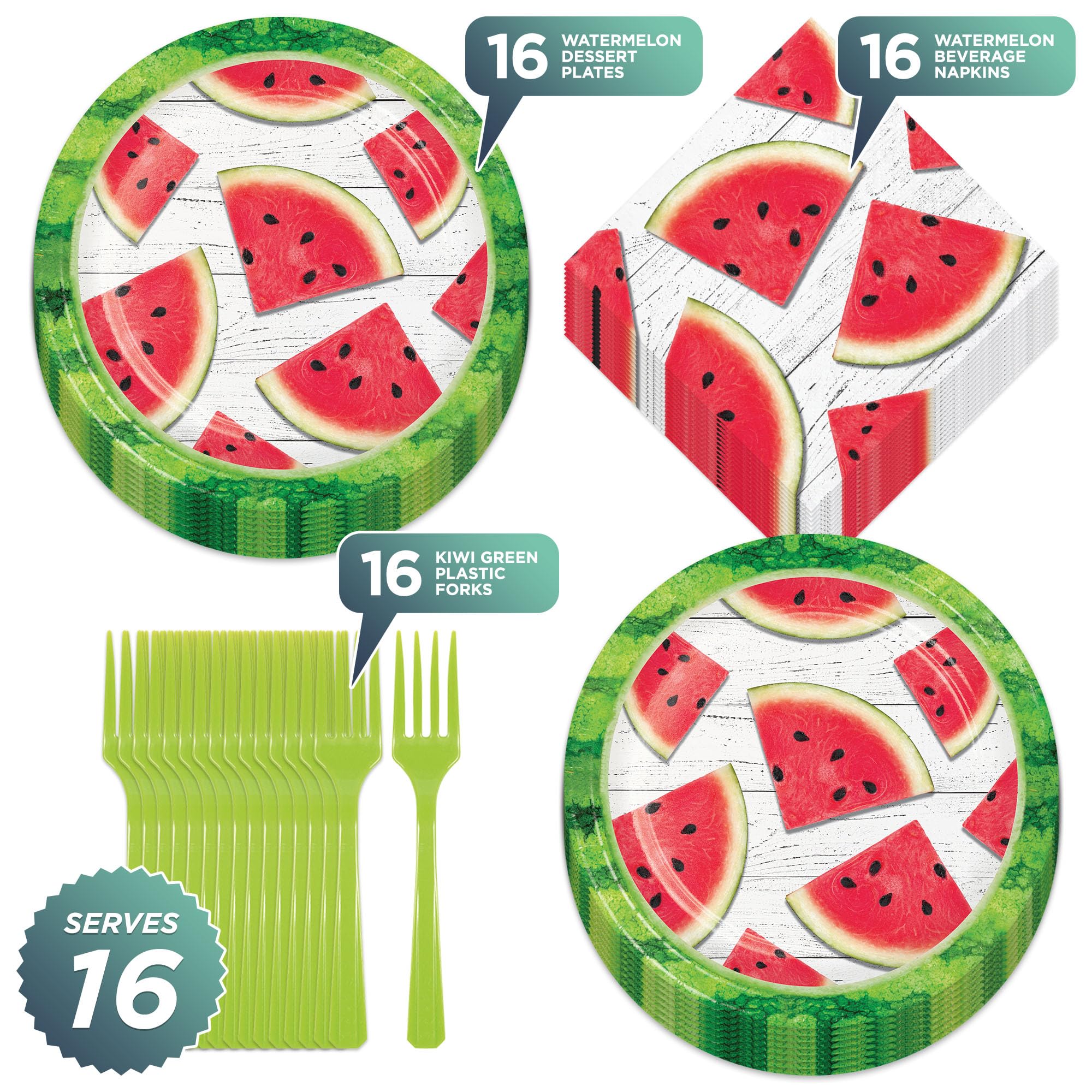 Watermelon Themed Party Supplies - 16 Pack Summer Red Melon Slice Paper Plates, Beverage Napkins & Forks Set - Perfect for BBQs, Picnics, Birthday Parties and Summer Celebrations