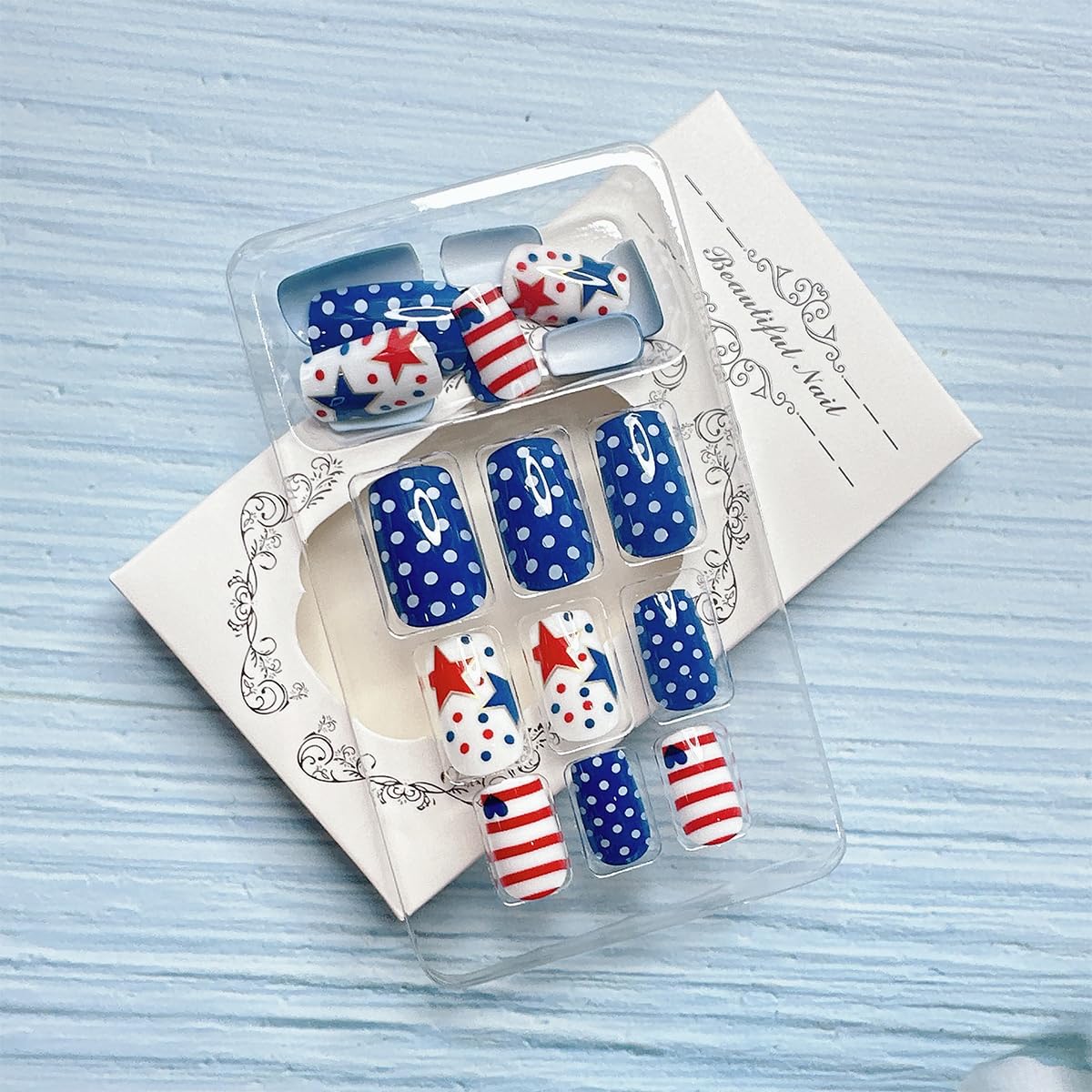 4th of July Press on Nails - Short Round Patriotic Fake Nails with Stars, Stripes & Dots | 24PCS Full Cover Glue on Acrylic Nails for Women & Girls | Perfect for Independence Day Parties, Nail Art & USA Themed Events