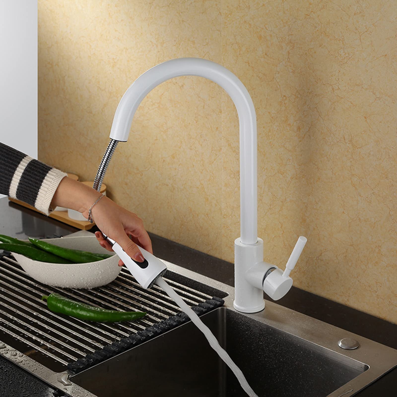 Stainless Steel Pull Down Kitchen Faucet with Sprayer - Modern Single Handle Deck Mounted Sink Tap for Hot & Cold Water - Perfect for Home, Restaurant & Commercial Kitchens (White)