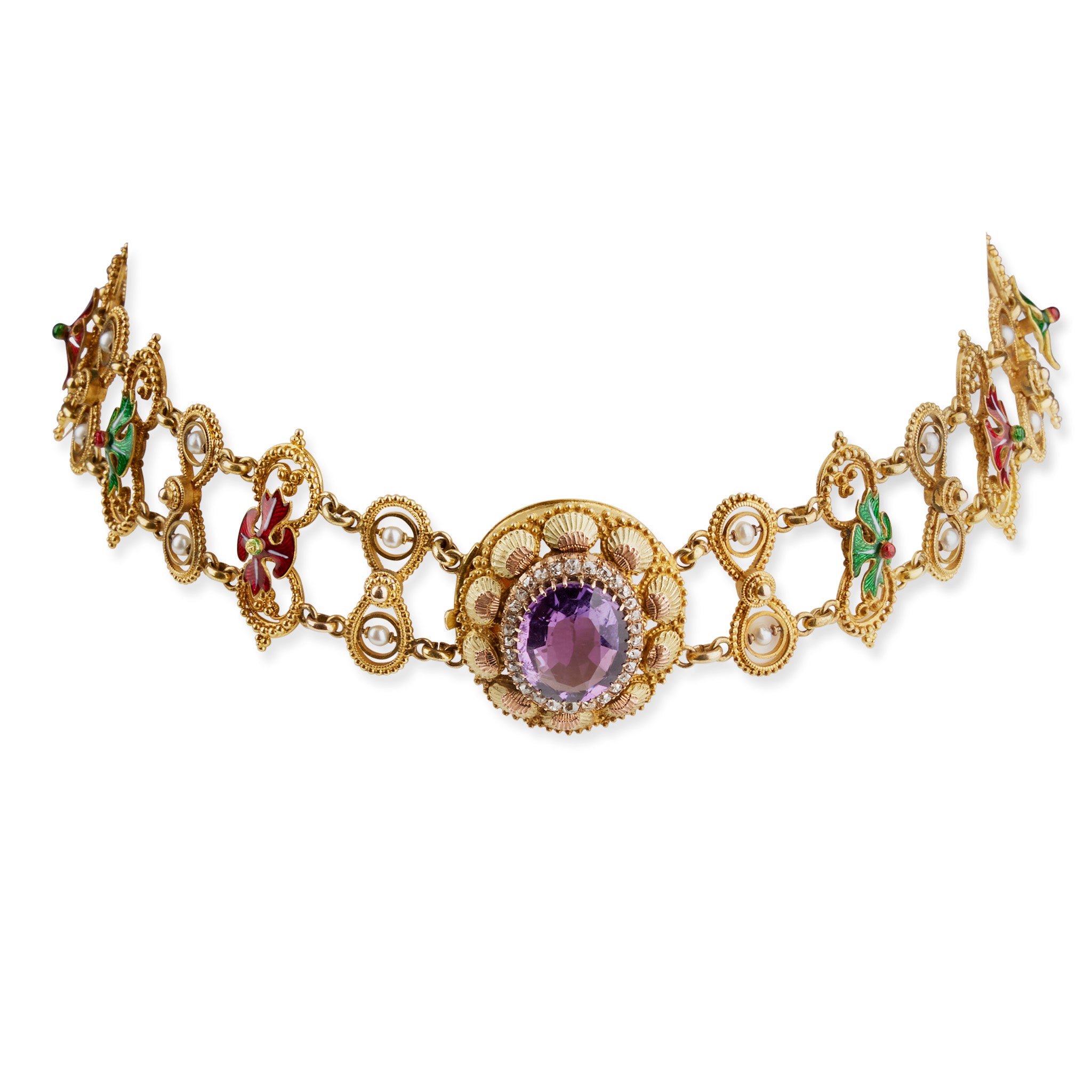 Exquisite Amethyst & Basse Taille Enamel Gold Plated Necklace for Women | Elegant Jewelry Gift for Birthday, Anniversary & Special Occasions