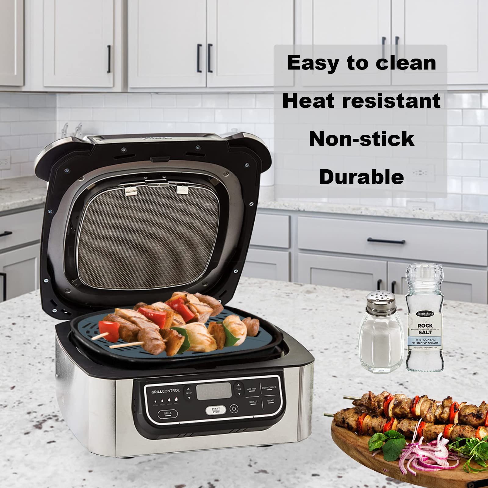 Non-Stick Reusable Silicone Air Fryer Liners & 3PC Grill Mats Set - Compatible with Ninja Foodi 5-in-1 AG301 Grill - Heat Resistant Air Fryer Accessories for Easy Cooking & Healthy Meals - Perfect for Roasting, Grilling, Baking & Air Frying