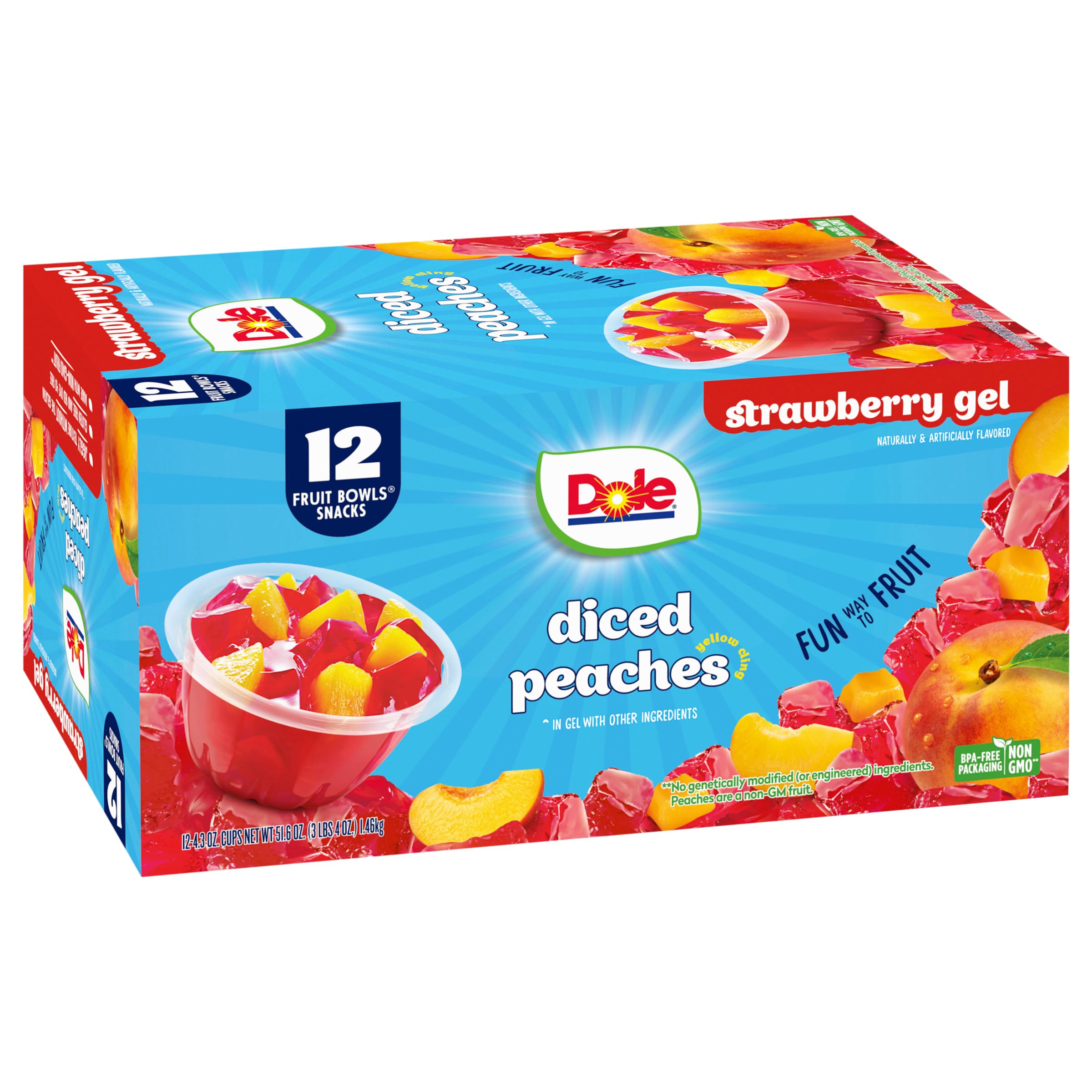 Dole Fruit Bowls Peaches in Strawberry Flavored Gel Snacks, 4.3oz (12 Cups) - Gluten Free, Dairy Free, Bulk Healthy Snacks for Kids & Adults - Perfect for School Lunches, Office Snacks & On-the-Go