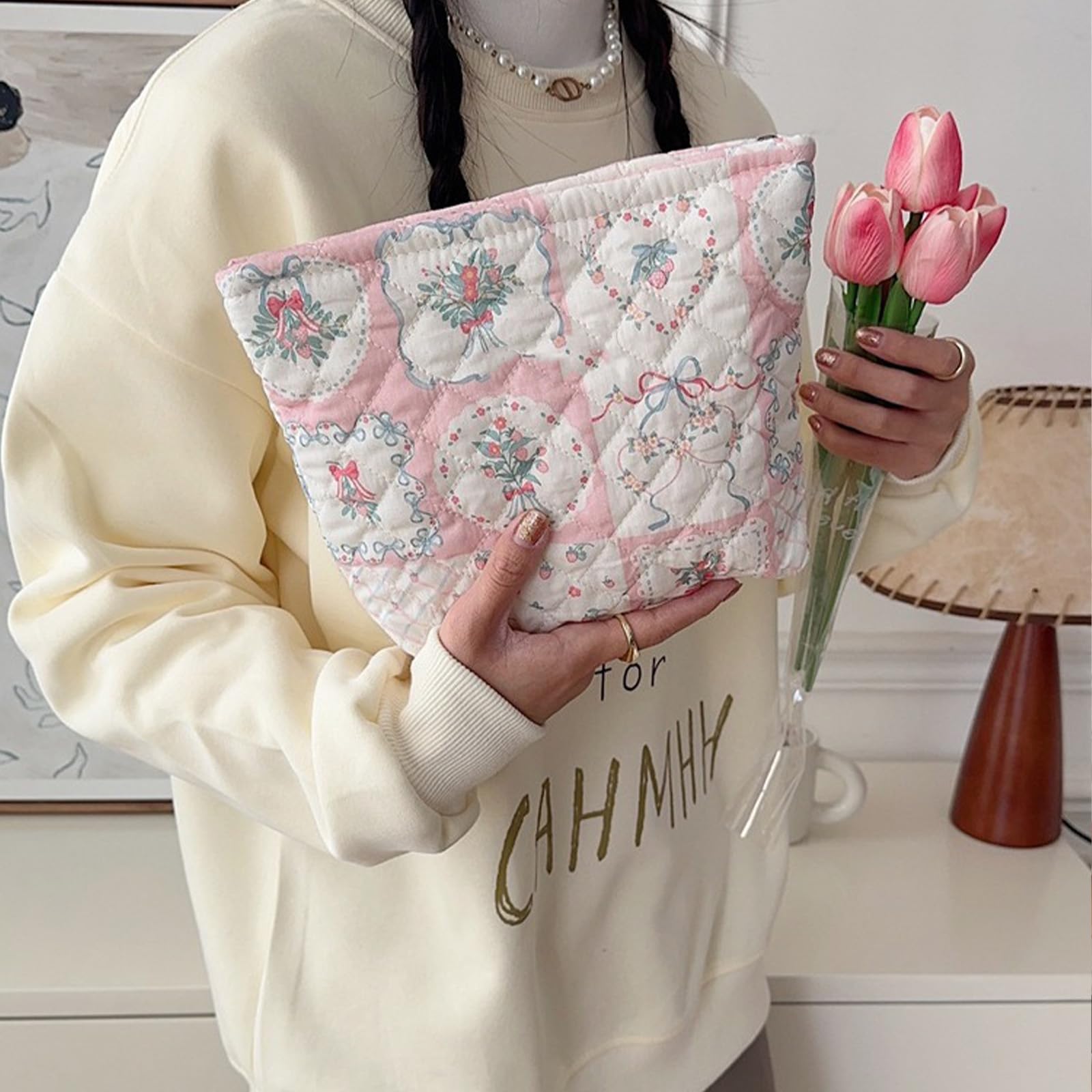 LYDZTION Floral Makeup Bag for Women - Large Capacity Cosmetic Organizer, Travel Toiletry Bag with Quilted Design - Perfect for Travel, Gym & Daily Essentials Storage - Puzzle Flower Pattern