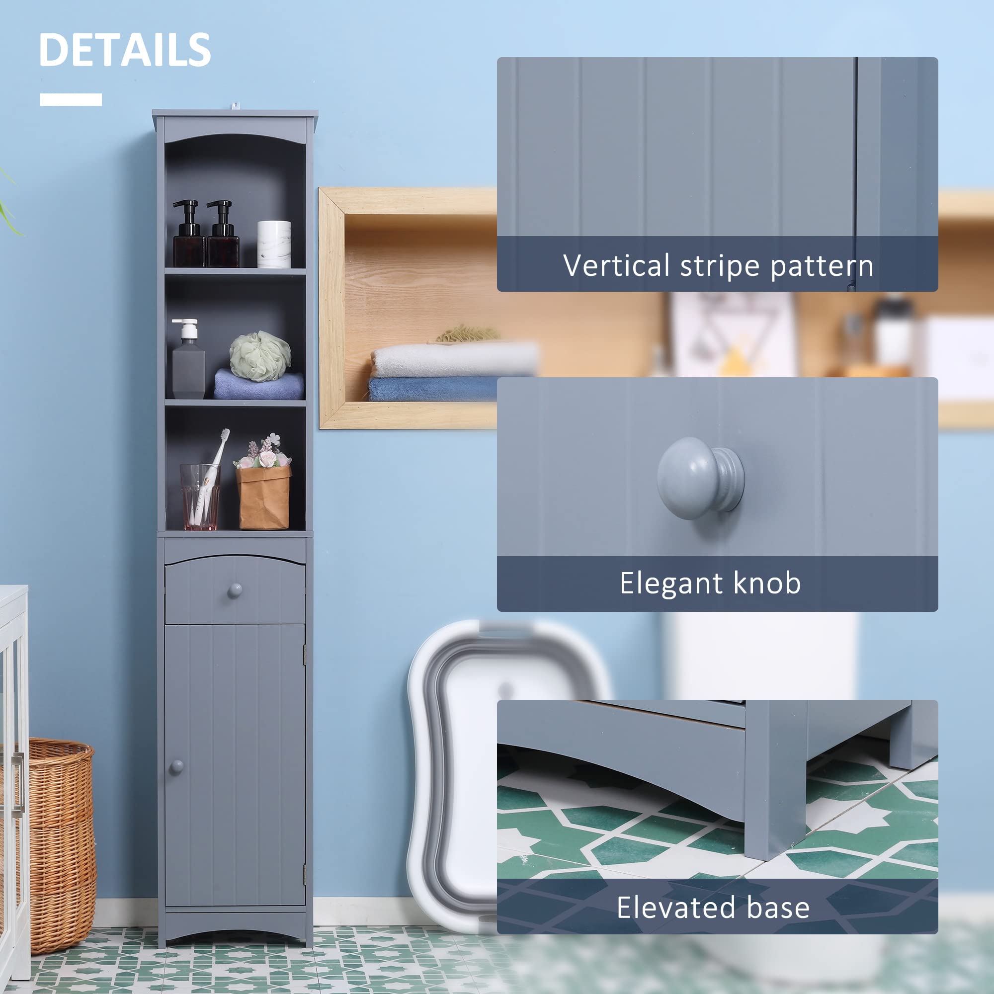 HOMCOM 3-Tier Bathroom Storage Cabinet with Drawer - Freestanding Tall Linen Tower Organizer for Bathroom Essentials, Grey - Perfect for Small Bathrooms, Apartments & Laundry Room Organization