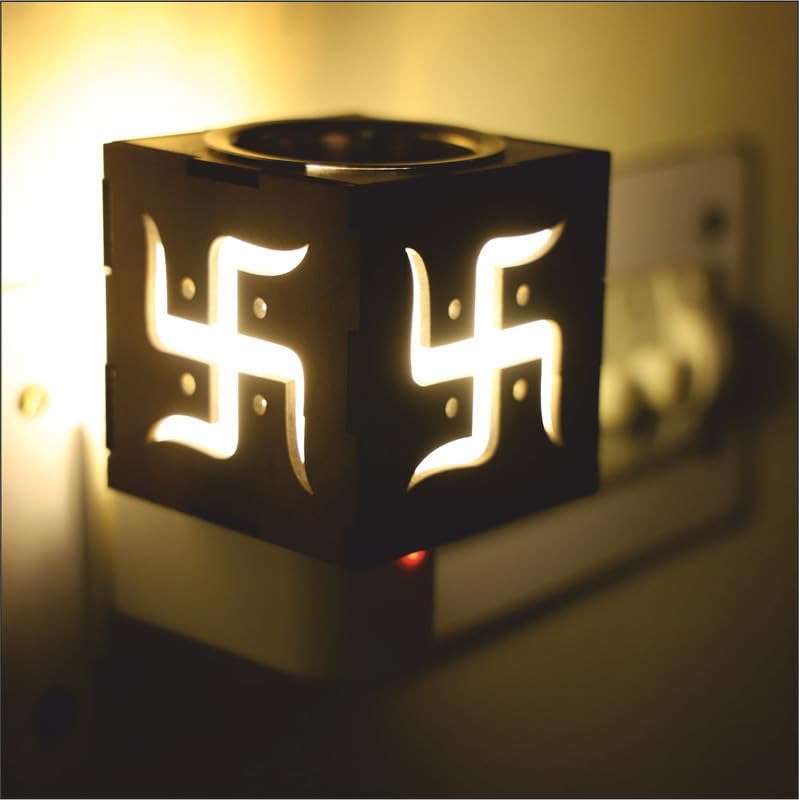 Kriviya Premium Electric Kapoor Dani - Aromatherapy Diffuser & Night Light for Home, Living Room | Camphor & Incense Holder with Wood Swastik Design | Perfect for Relaxation, Meditation & Home Decor