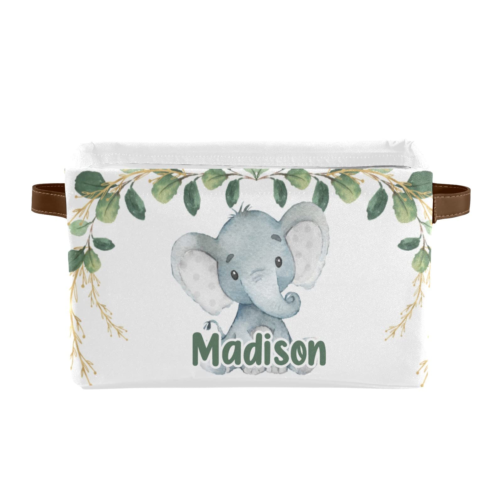 Deven Elegant Greenery Elephant Personalized Storage Basket - Large Woven Organizer Bin with Handle for Shelves, Closet, Bathroom, Nursery & Home Decor (1 Pack) - Perfect for Toys, Blankets & Home Organization