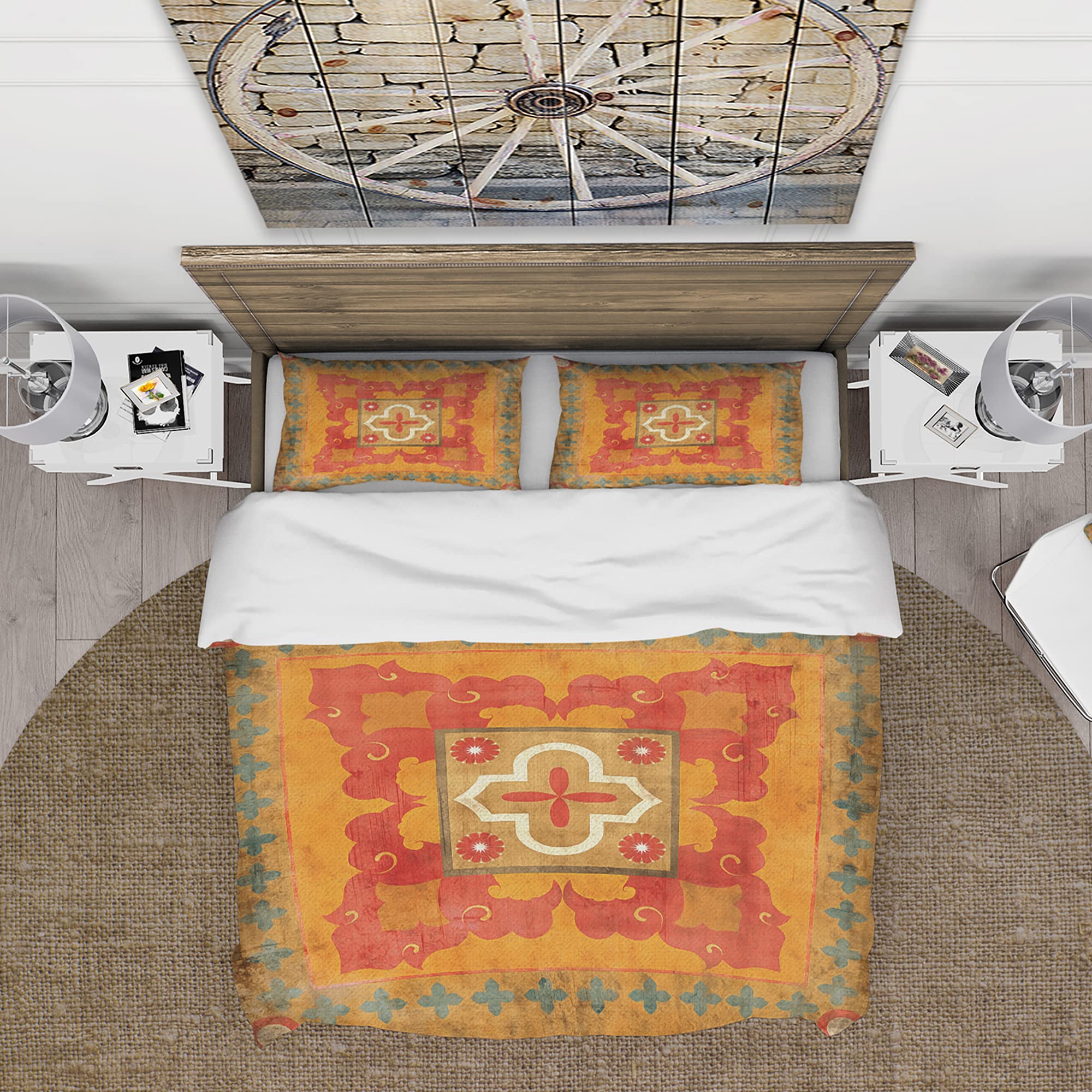 Bohemian Moroccan Orange Tiles Duvet Cover Set King Size - 3 Piece All Season Bedding with Eclectic Design | Perfect for Boho Chic, Eclectic & Moroccan Style Bedrooms