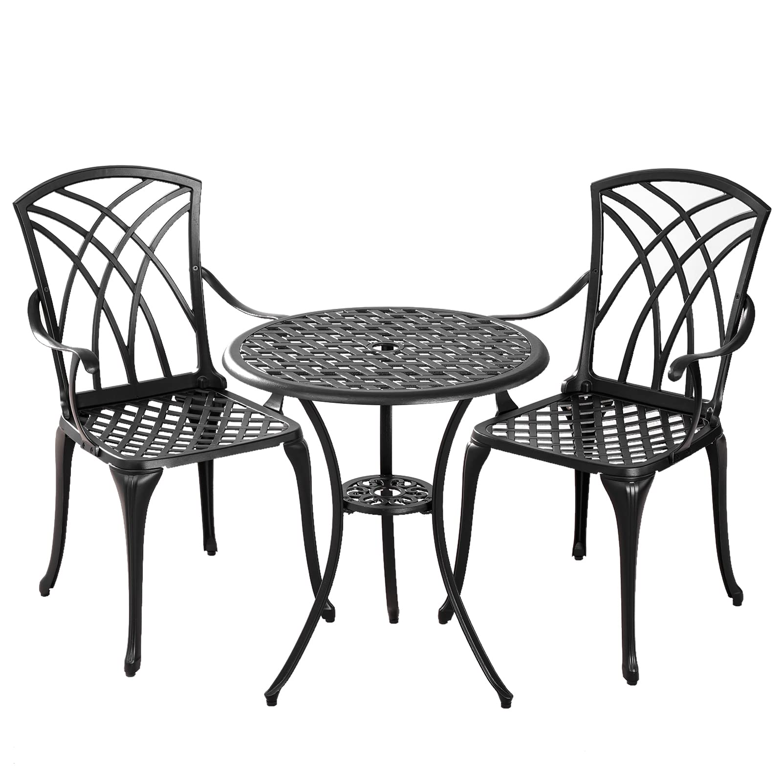 Outdoor 3-Piece Bistro Set with Umbrella Hole - Rust-Resistant Cast Aluminum Round Patio Table & Chairs - Perfect for Garden, Balcony & Backyard Relaxation