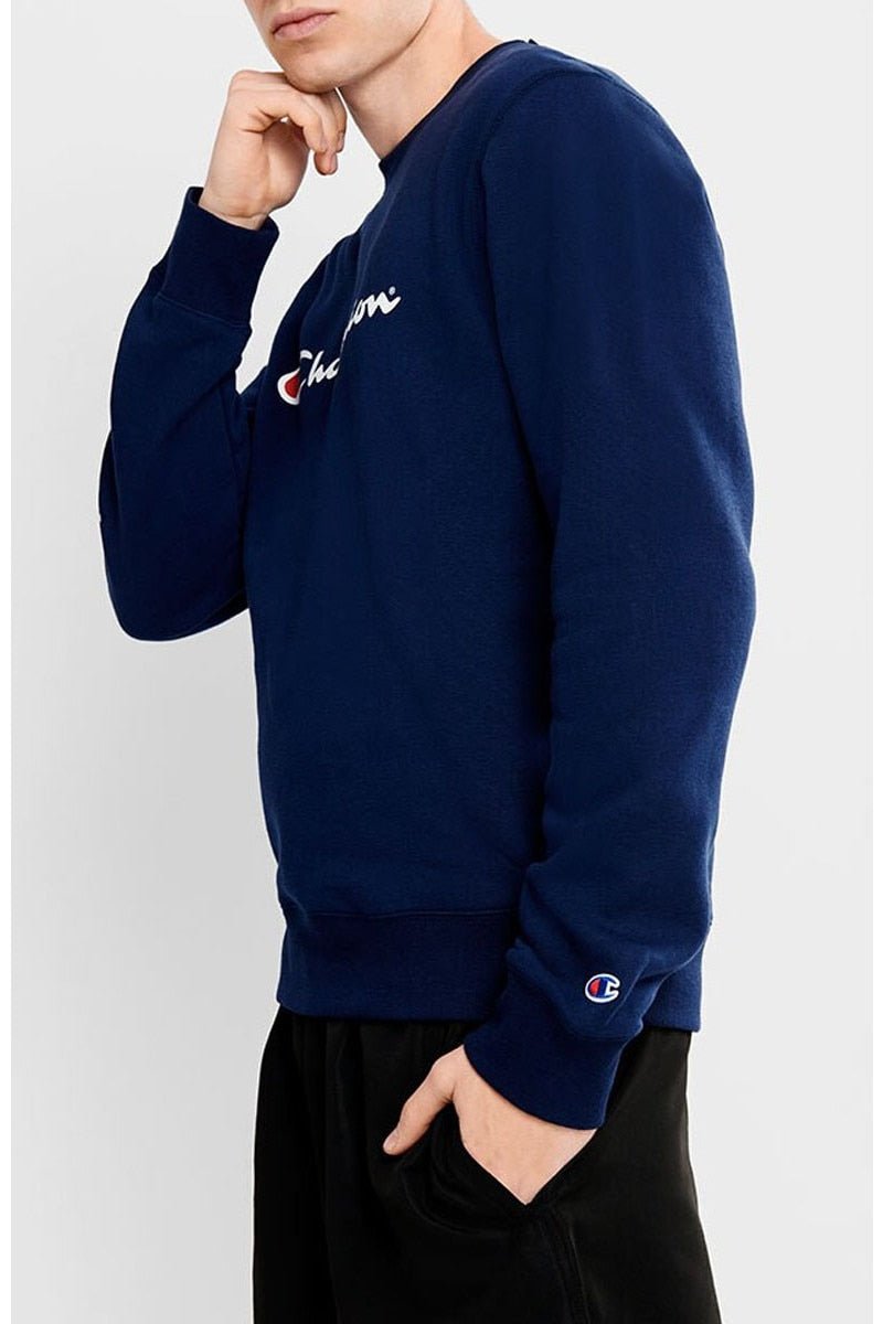 Champion Men's Script Navy Crewneck Sweatshirt - Comfortable Casual Pullover for Everyday Wear, Gym, and Outdoor Activities