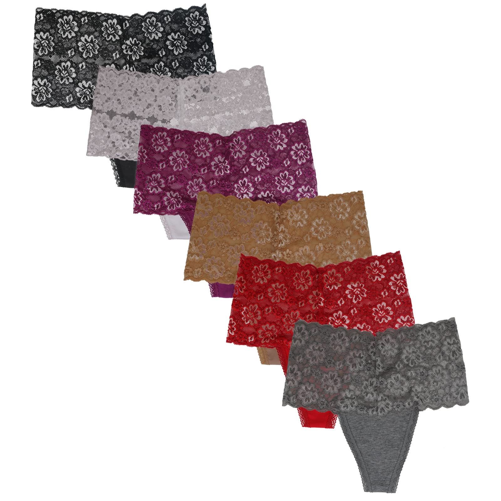 Deigecil High Waisted Lace Cotton Thong Panties - Postpartum C-Section Recovery Underwear for Moms, Plus Size Retro Thongs (6-Pack) - Perfect for Postpartum Comfort & Everyday Wear