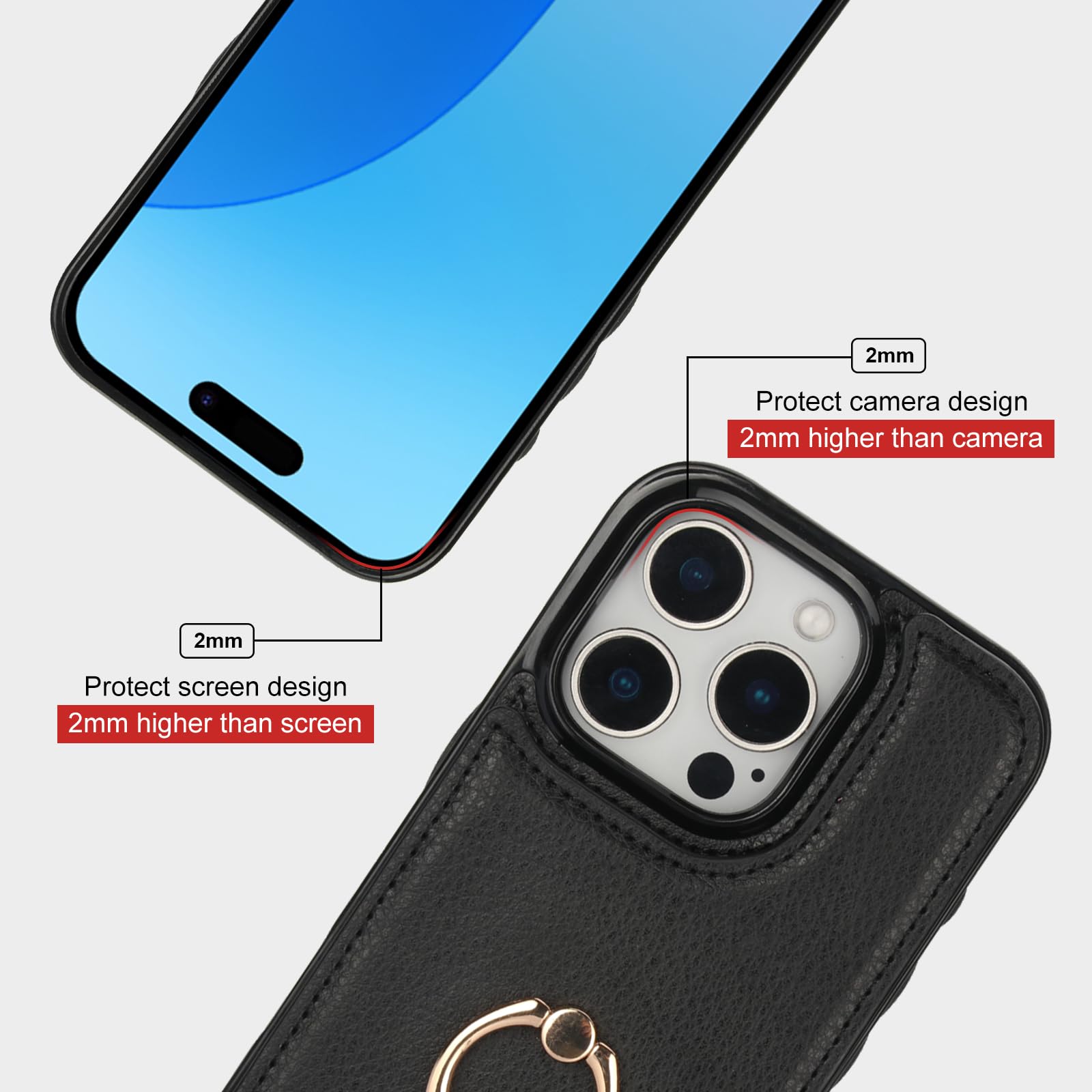 Folosu iPhone 16 Pro Case Wallet with Card Holder - 360° Rotating Finger Ring Stand & Kickstand | RFID Blocking Leather Protective Cover with Shockproof Double Buttons for 6.3
