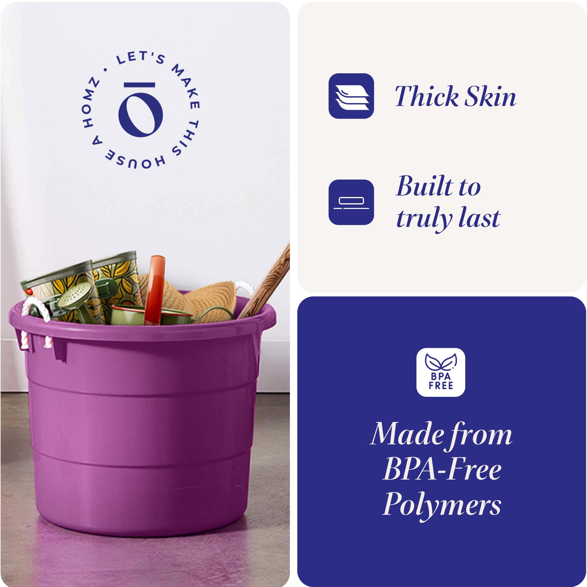 HOMZ 4-Pack 17 Gallon Large Plastic Storage Buckets with Rope Handles - Heavy Duty Utility Tubs for Laundry, Cleaning, Organizing (Purple) - Perfect for Home, Garage, and Outdoor Storage