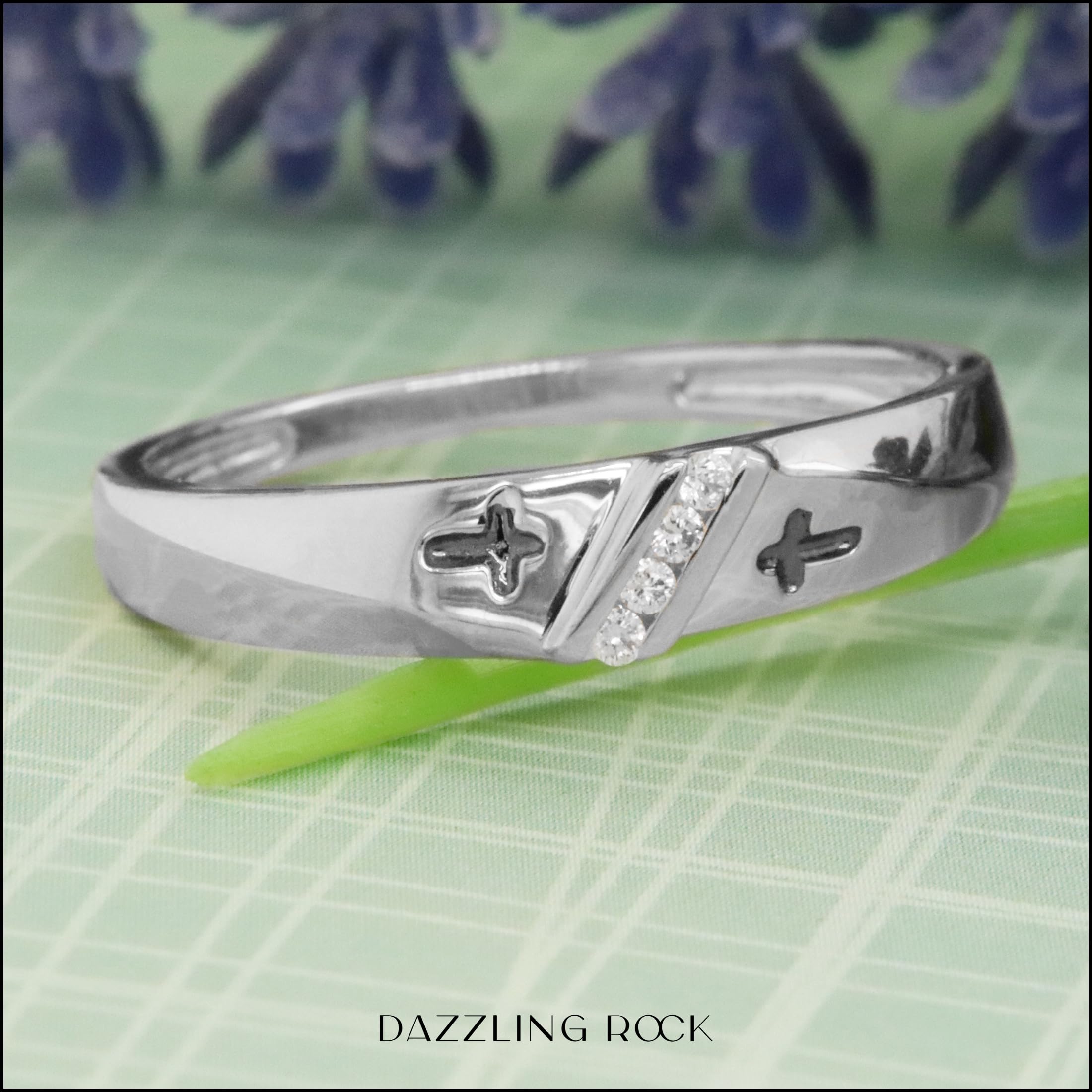 14K White Gold Men's Diamond Cross Wedding Band - 1/20 CTW Round Cut Single Row Ring for Him | Perfect for Anniversaries, Engagements & Gifts