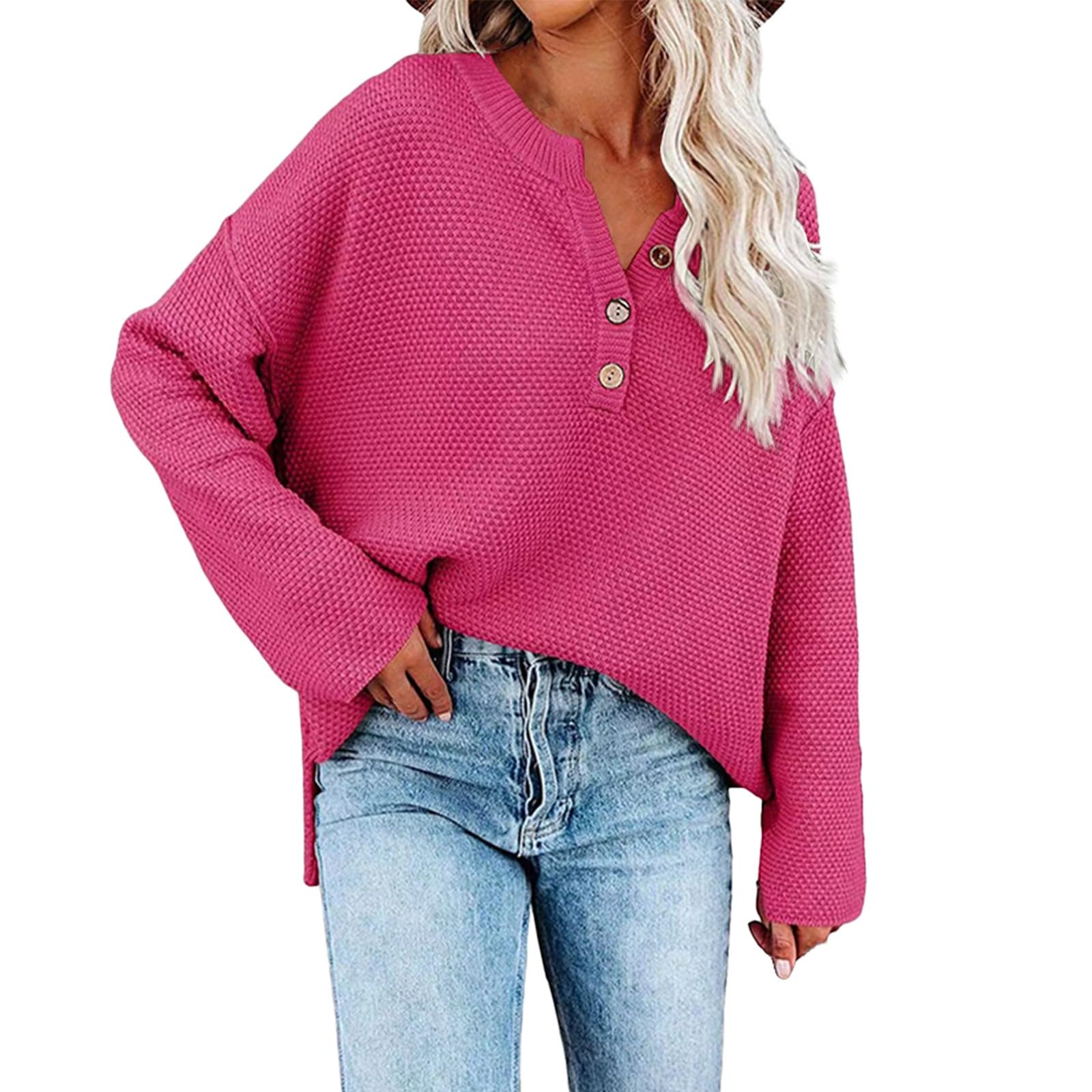 Women's Button-Up Sweatshirt - Waffle Knit Henley Neck Long Sleeve Top - Solid Color Drop Shoulder Blouse for Casual Wear & Layering