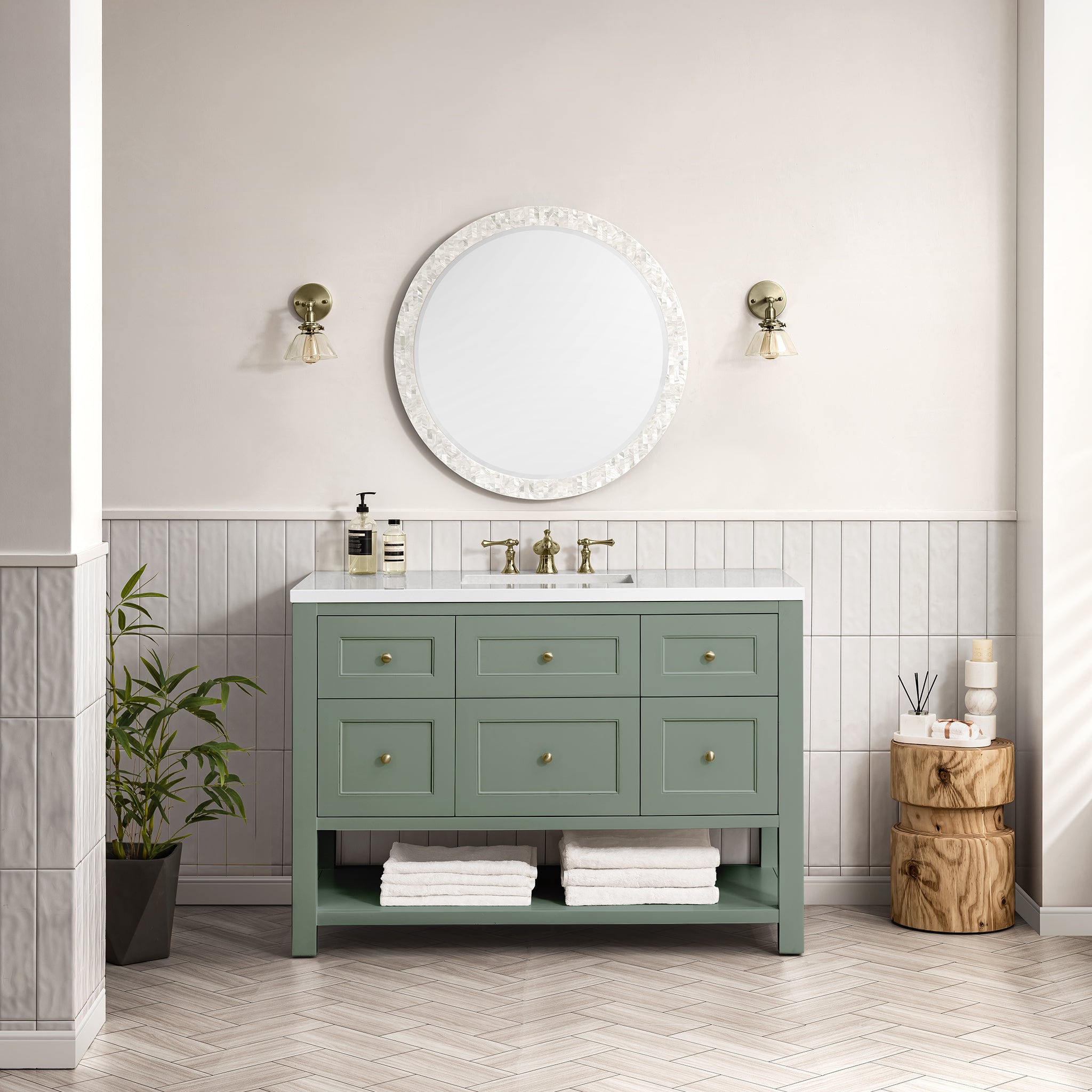 Breckenridge 48 Inch Single Bathroom Vanity with Smokey Celadon Finish & 3CM White Zeus Countertop - Perfect for Modern Master Bathrooms and Powder Rooms