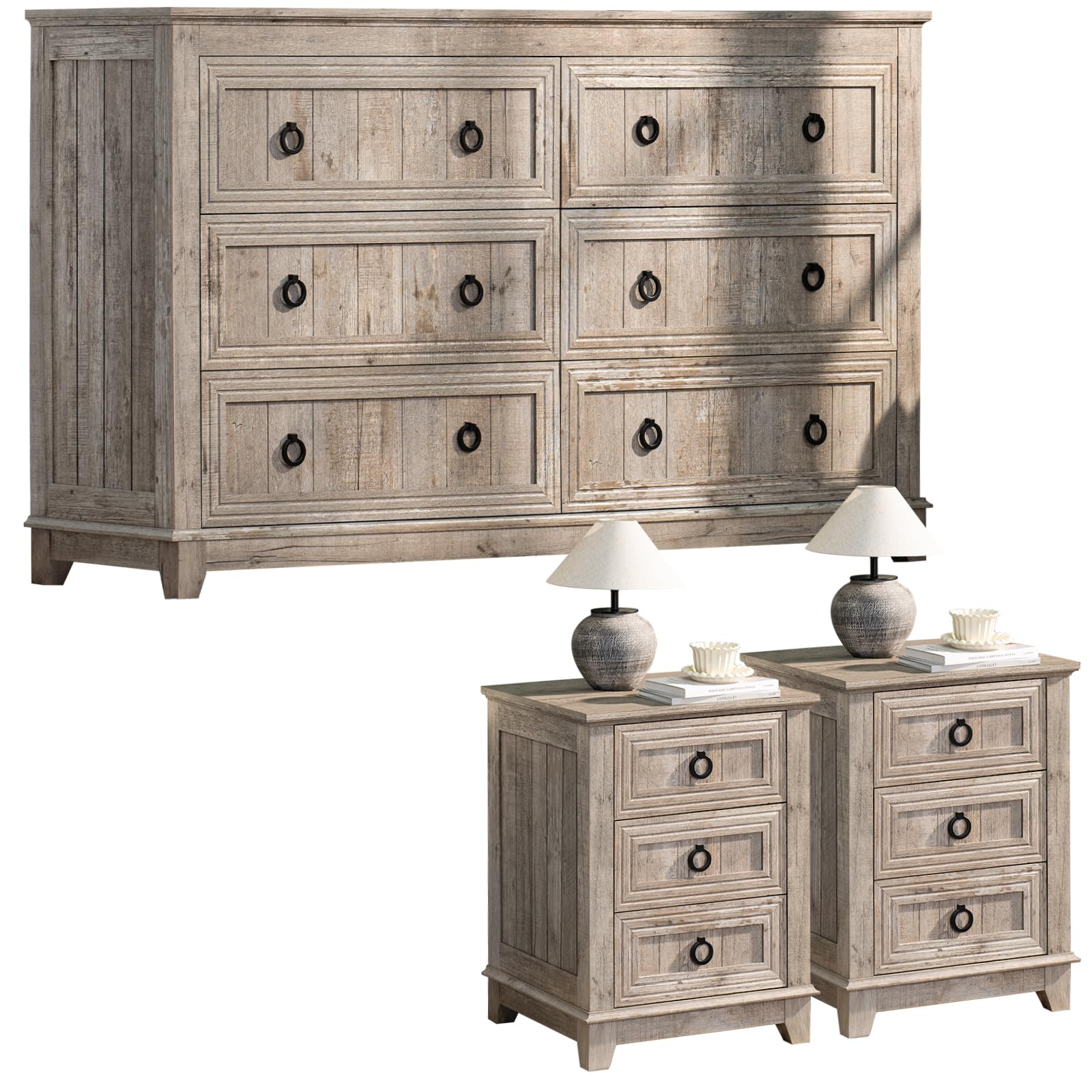 Farmhouse Dresser and Nightstand Set 3-Piece - 6 Drawer Dresser (54