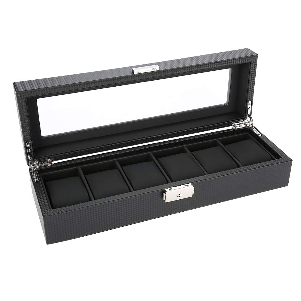Premium 6-Slot PU Leather Watch Storage Case with Carbon Fiber Design - Elegant Wristwatch Display Box for Men & Women | Perfect Jewelry Organizer & Valentine's Day Gift for Watch Collectors