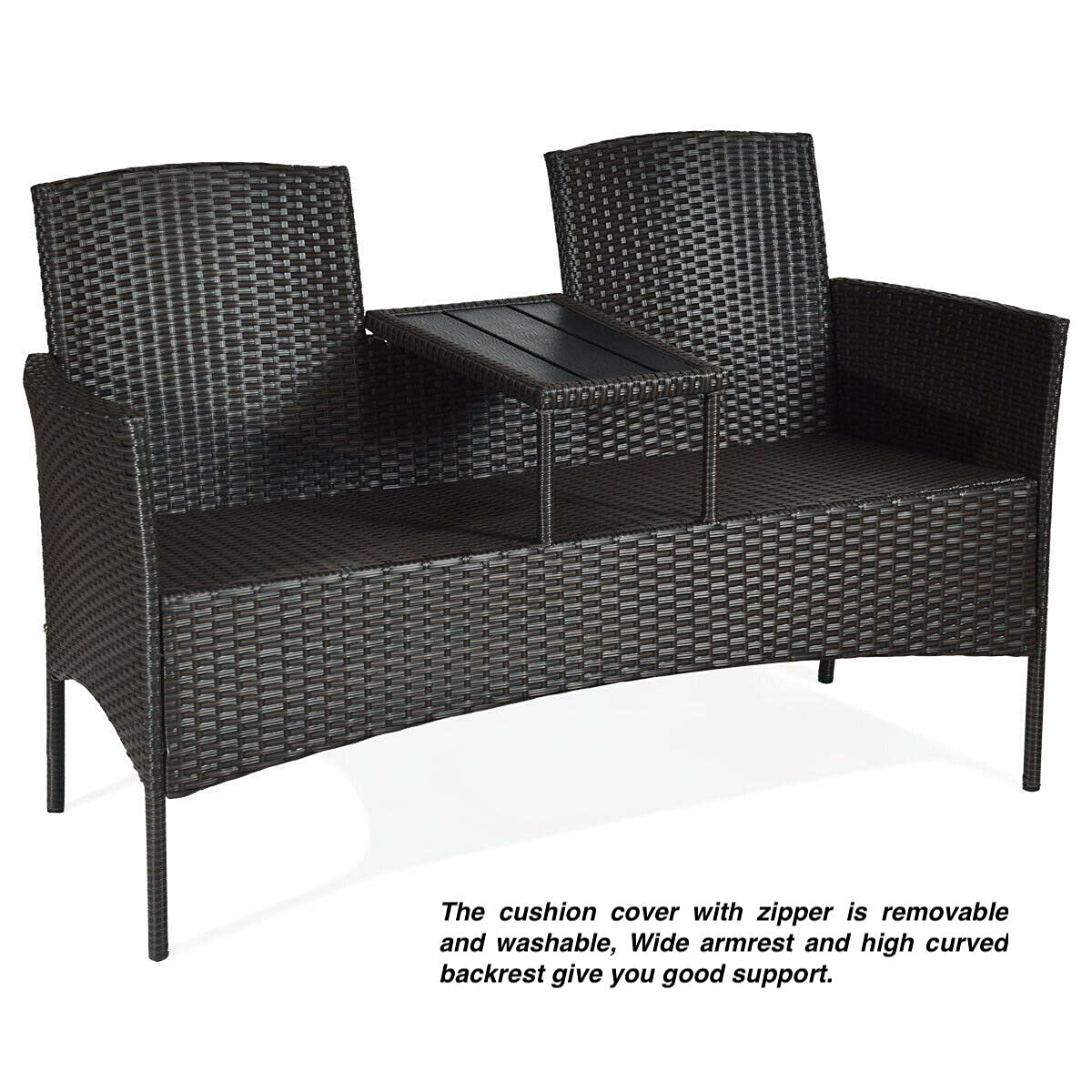 2-Seater Rattan Patio Conversation Set with Plastic Table Top & Blue Cushions - Outdoor Garden, Poolside, Deck Furniture for Relaxing & Socializing