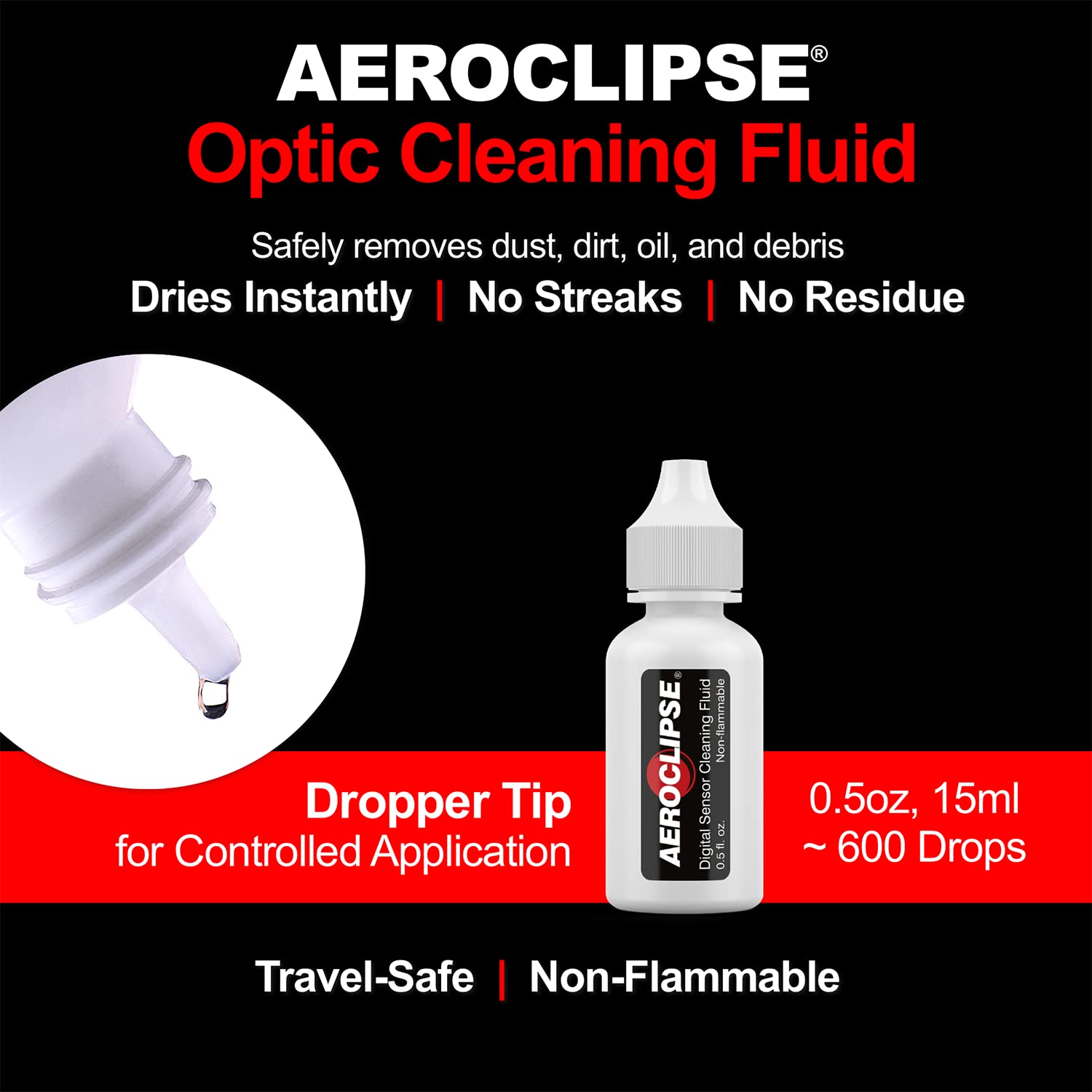 Aeroclipse Optic Cleaning Fluid & PEC-PAD Lint-Free Wipes - Non-Flammable Lens Cleaner for Camera, Telescope & Microscope - Scratch-Free Cleaning Solution for Sensitive Glass Surfaces - 15ml Dropper Bottle with Microfiber Wipes - Perfect for Optics, Eyeglasses & Electronics Maintenance