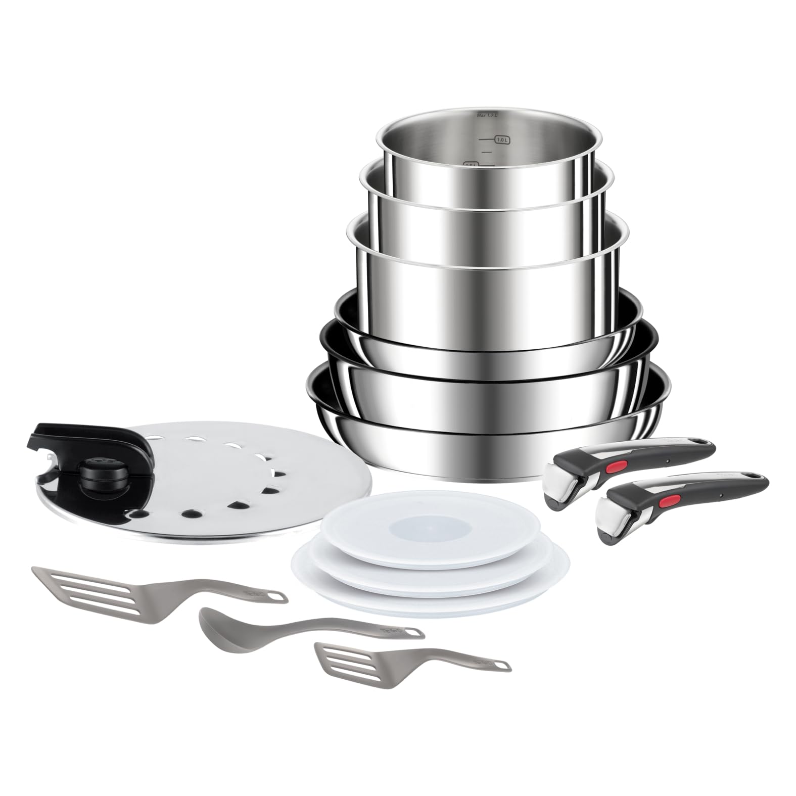 Tefal Ingenio Preference ON 15-Piece Non-Stick Cookware Set - 22cm & 26cm Frying Pans, 16cm/18cm/20cm Saucepans, 24cm Saute Pan - Stainless Steel with Universal Lid & Hermetic Lids - Includes Utensils & 2 Handles - Perfect for Home Cooking & Professional Kitchens