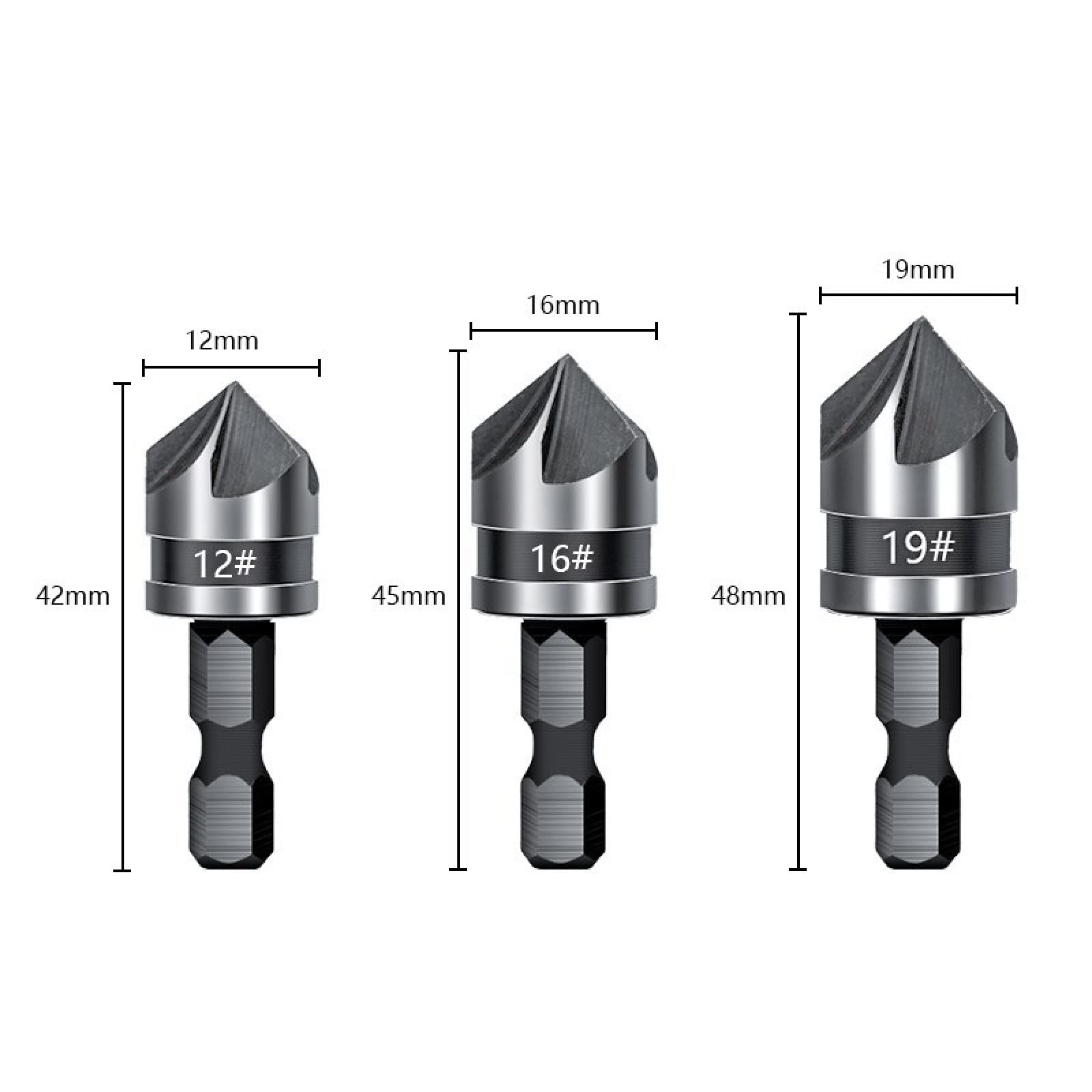 ALEYHA 3-Piece 5 Flute Chamfer Drill Bit Set - 12mm/16mm/19mm Woodworking Drill Bits with 82° Countersink & Hex Shank - Perfect for Cabinet Making, Furniture Assembly & DIY Wood Projects