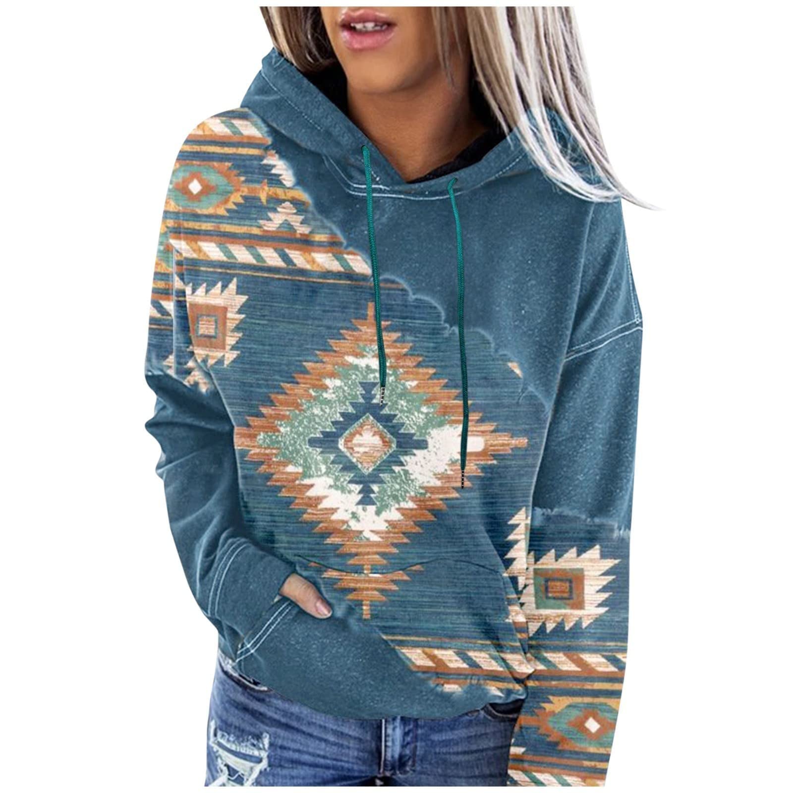 Ceboyel Women's Aztec Graphic Hoodie - Vintage Western Drawstring Sweatshirt Pullover, Ethnic Casual Fall Tops for Outdoor Adventures & Cozy Evenings