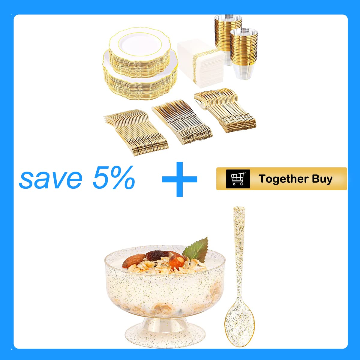 48-Pack 7oz Gold Glitter Plastic Dessert Cups with Spoons & 50 Gold Plastic Plates with Disposable Cutlery Set - Elegant Party Tableware for Weddings, Birthdays, Baby Showers and Special Events