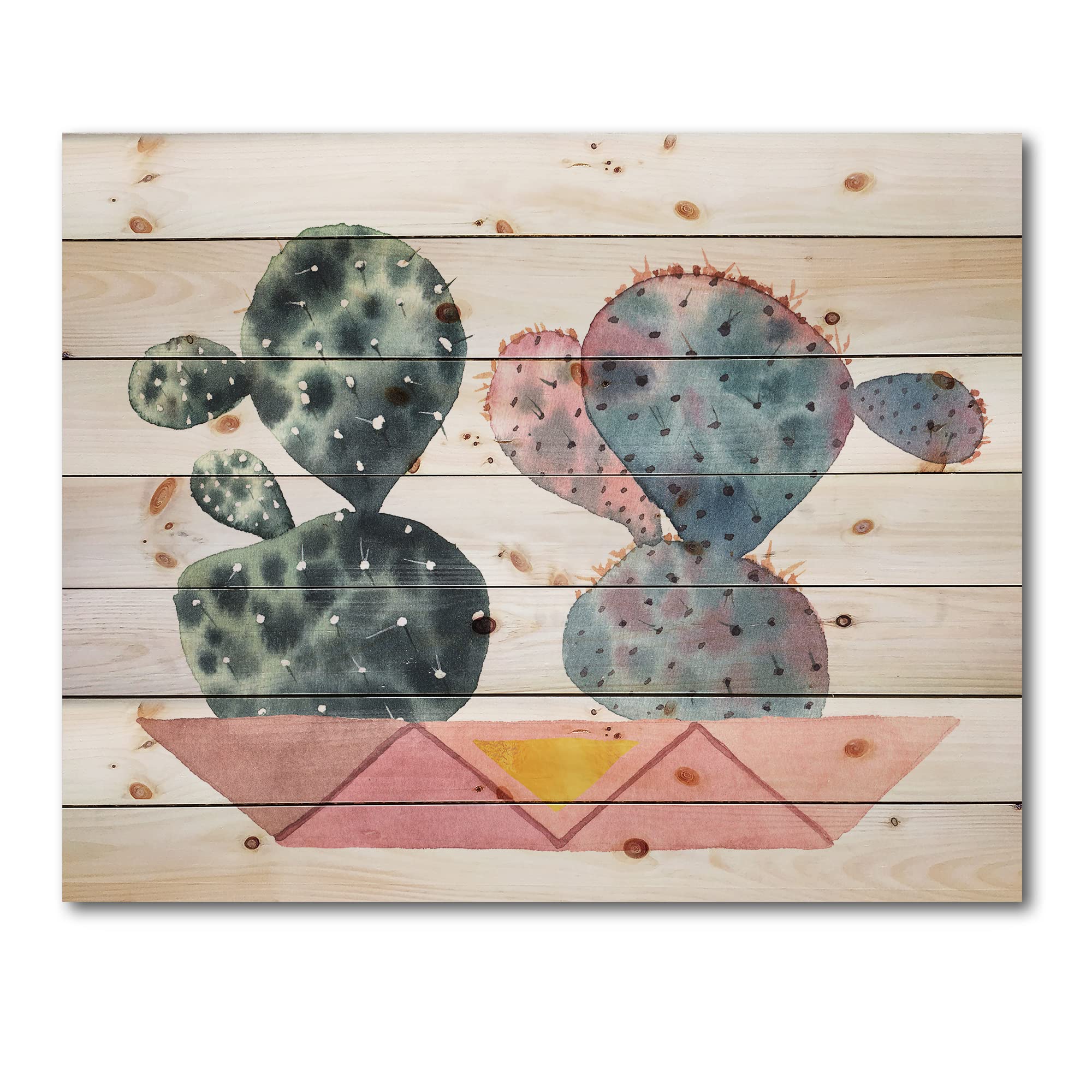 DesignQ Cactus Duo in Pink Geometric Pots - Modern Wood Wall Art Decor, Large Floral Pine Wood Wall Panels for Living Room, Bedroom & Office