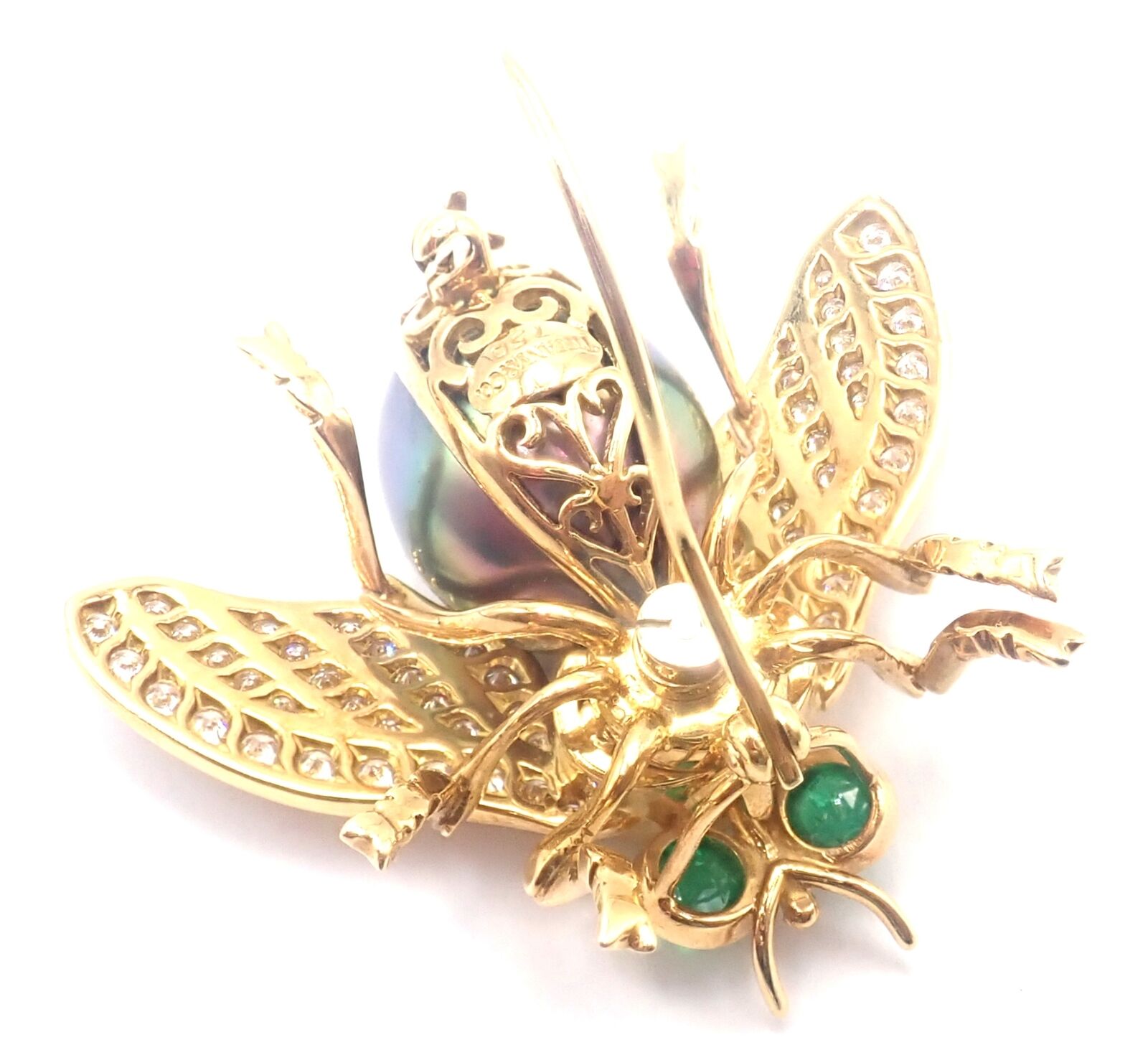 Tiffany & Co 18k Gold Diamond Tahitian Pearl Tanzanite Emerald Fly Pin Brooch - Luxury Jewelry for Women, Perfect for Weddings, Parties & Special Occasions