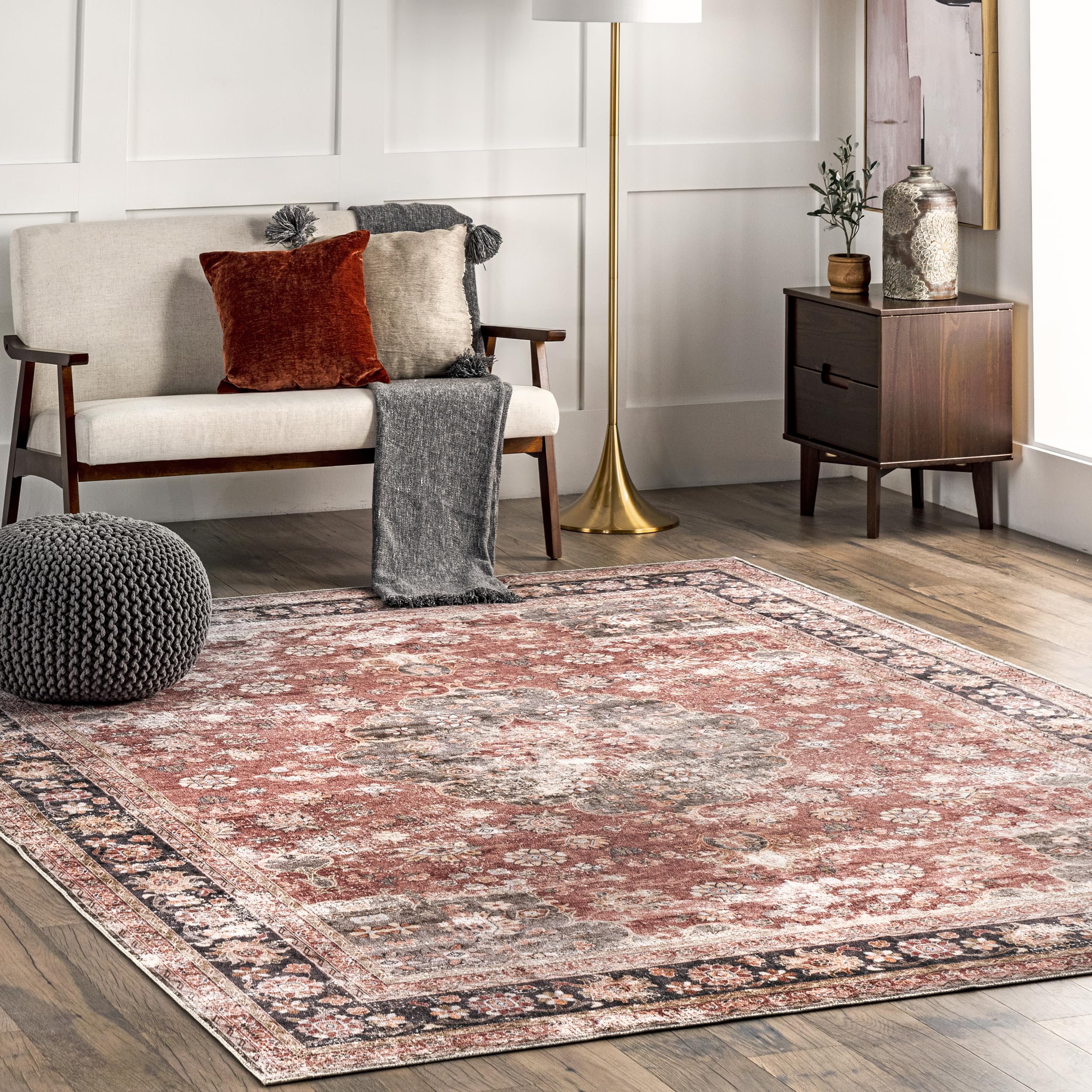 nuLOOM Emelina Traditional Oriental Style Ultra Thin Area Rug 8' x 10' - Machine Washable, Red | Perfect for Living Room, Bedroom & Home Decor