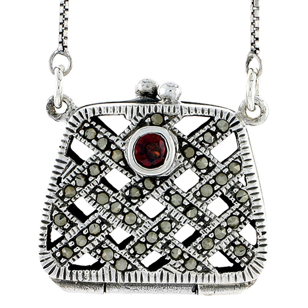 Sterling Silver Filigree Purse Locket Prayer Box with Marcasite & Natural Garnet - Perfect for Keepsakes, Jewelry Gifts & Spiritual Protection