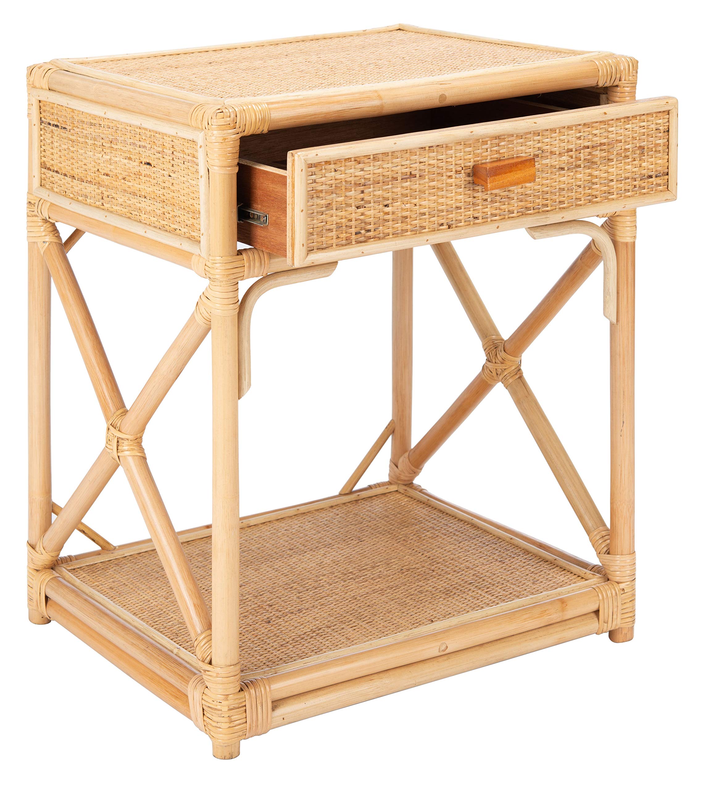 Safavieh Home Bali Coastal Natural 1-Drawer 1-Shelf Nightstand - Beach Style Bedside Table for Bedroom, Living Room & Guest Room Decor