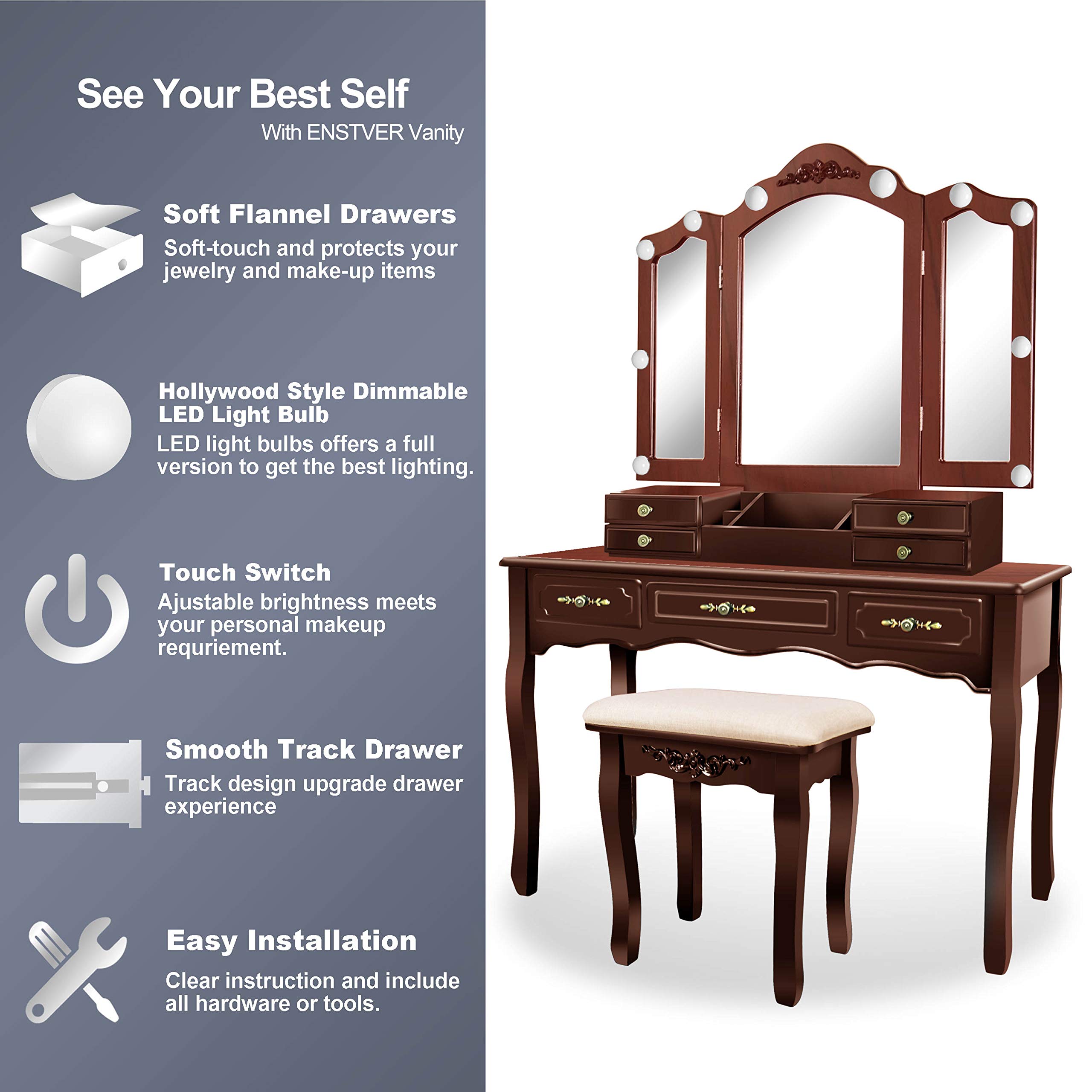 ENSTVER Vanity Beauty Station with Tri-Folding Mirrors - 7 Drawers Makeup Dressing Table with Cushioned Stool, Espresso Finish - Perfect for Bedroom, Bathroom & Salon Organization