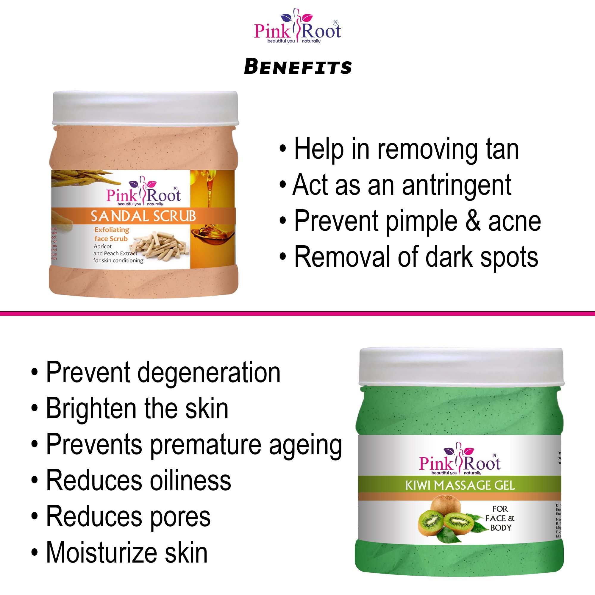 Pink Root Kiwi Massage Gel & Sandal Scrub Set - 500ml Each - Natural Skin Care for Relaxation & Exfoliation - Perfect for Spa, Home Massage & Body Treatment