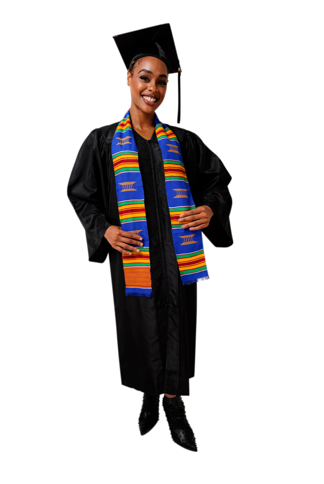 Hand Woven Blue and Gold Kente Cloth Graduation Stole - Authentic African Heritage Sash DP2169BLU for Graduation Ceremonies, Cultural Events & African Pride Celebrations