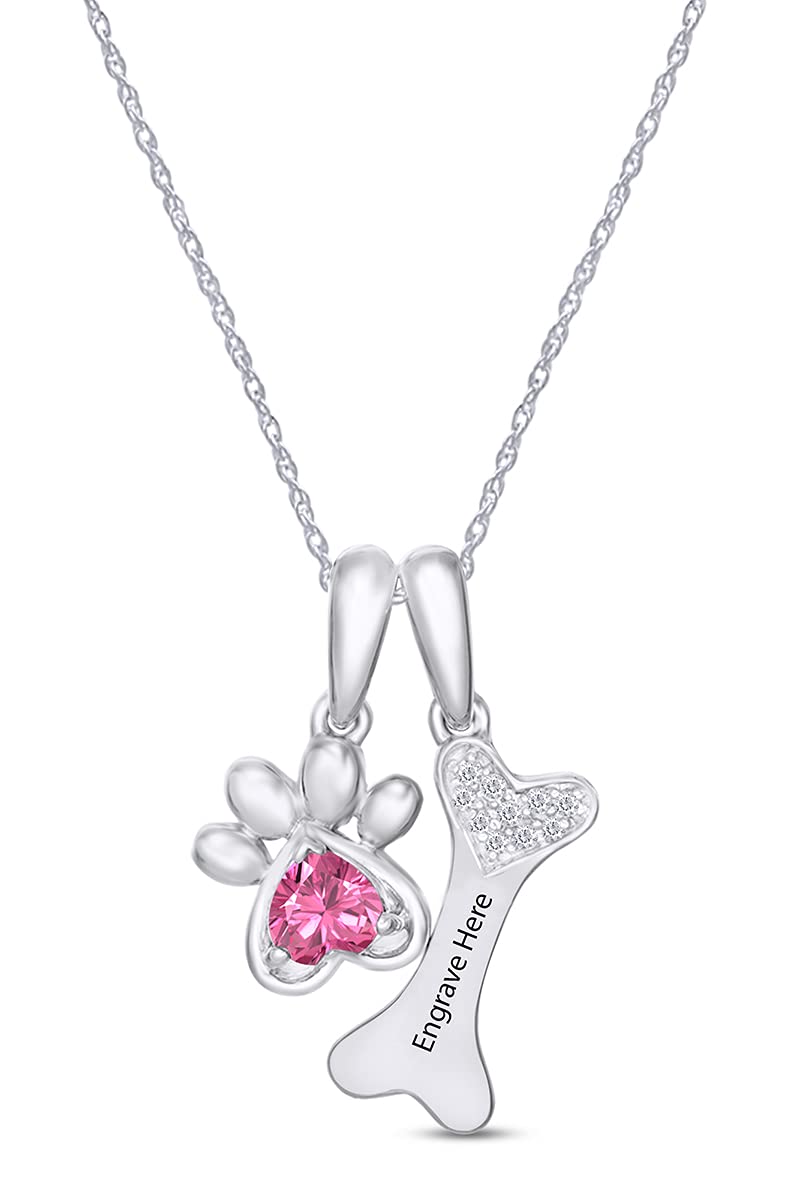 Personalized Engraved 4MM Heart Cut Simulated Birthstone & Round Cut White Natural Diamond Accent Paw Print Dog Bone Pendant Necklace - 14k Gold Over Sterling Silver with 18