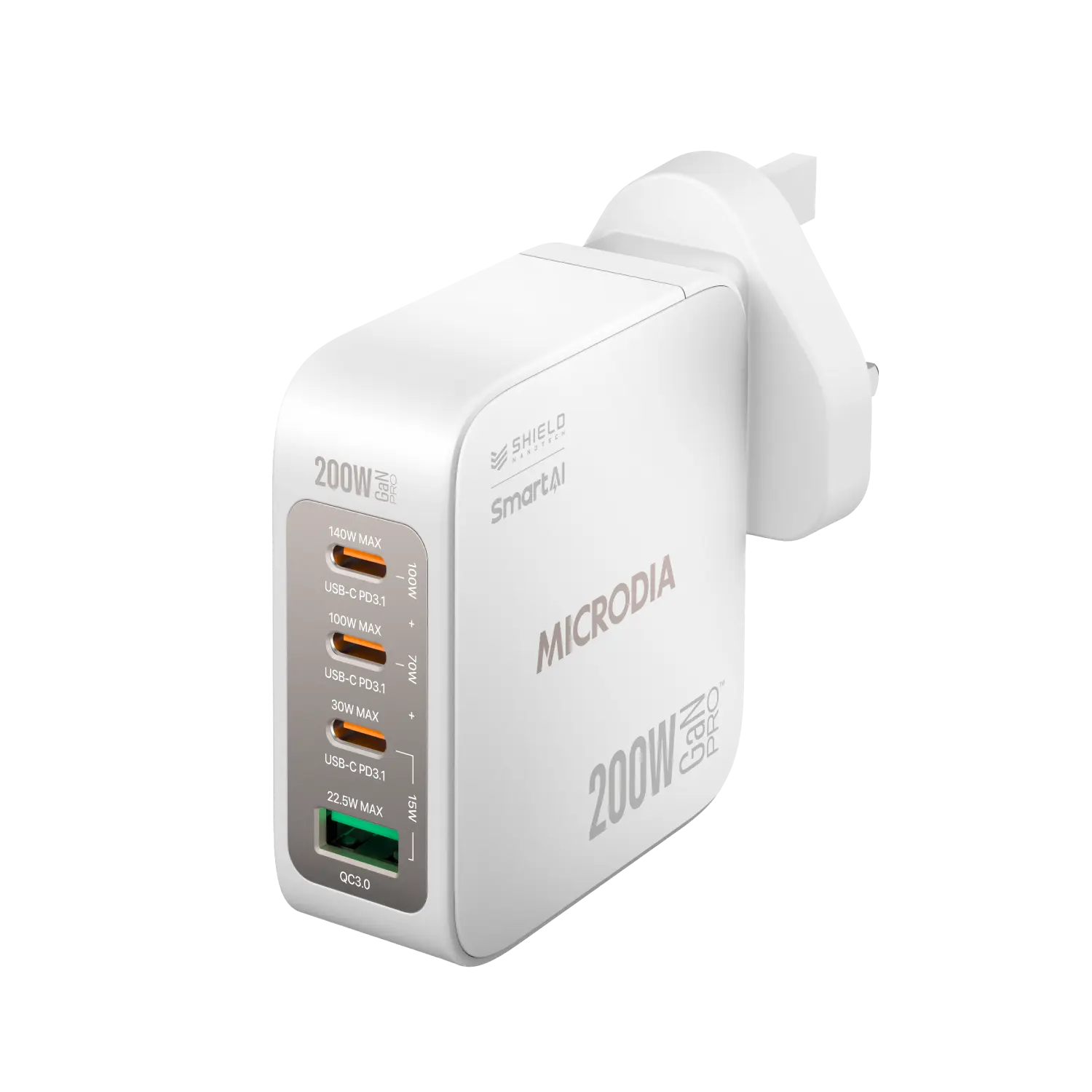 MICRODIA SMARTCube™ Nano 200W GaN Pro Wall Charger - 4 Port USB C PD3.1 & USB A QC3.0 Fast Charging - Perfect for MacBook, iPhone, iPad, Samsung Galaxy & More - Travel, Home & Office Use