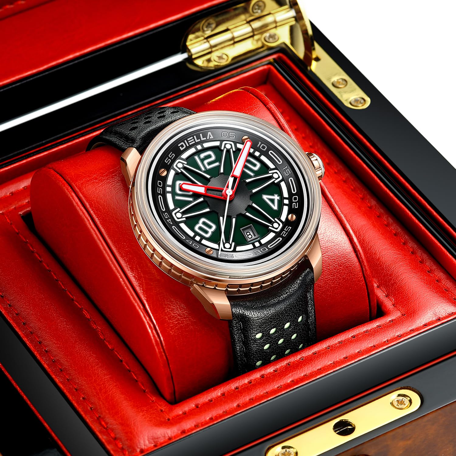 Diella Automatic Men's Watch - Black Leather Strap, Mechanical Movement, Waterproof, Luminous Hands, Date Display (Model AD6029) | Perfect for Business, Formal Occasions & Everyday Wear