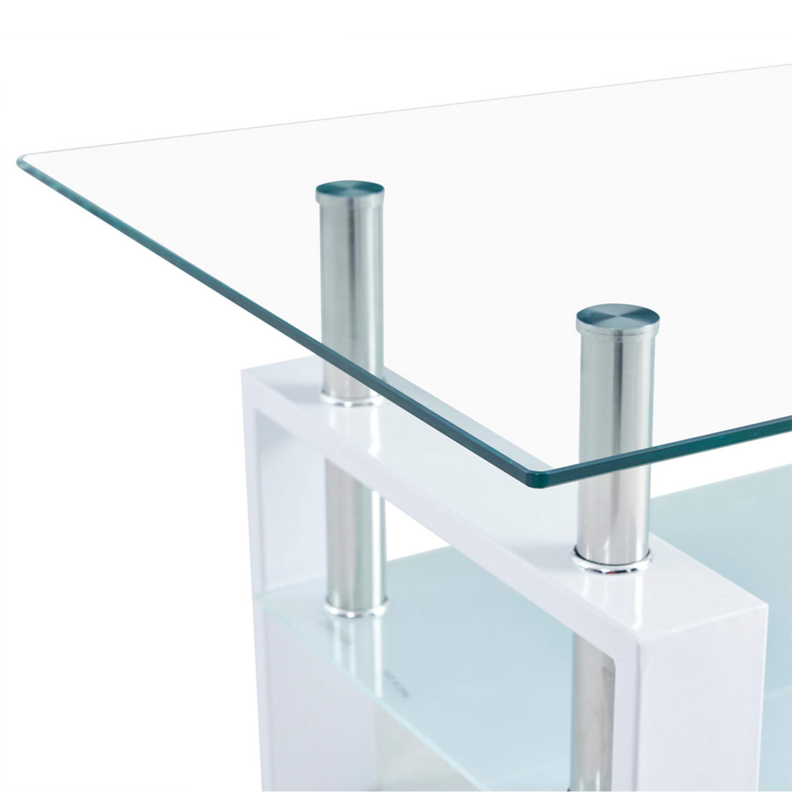 Modern Rectangle Glass Coffee Table with Sturdy Metal Frame & Storage Shelf - White | Minimalist Living Room Furniture for Sofa & Side Table Use | Durable & Stylish Home Decor for Small Spaces