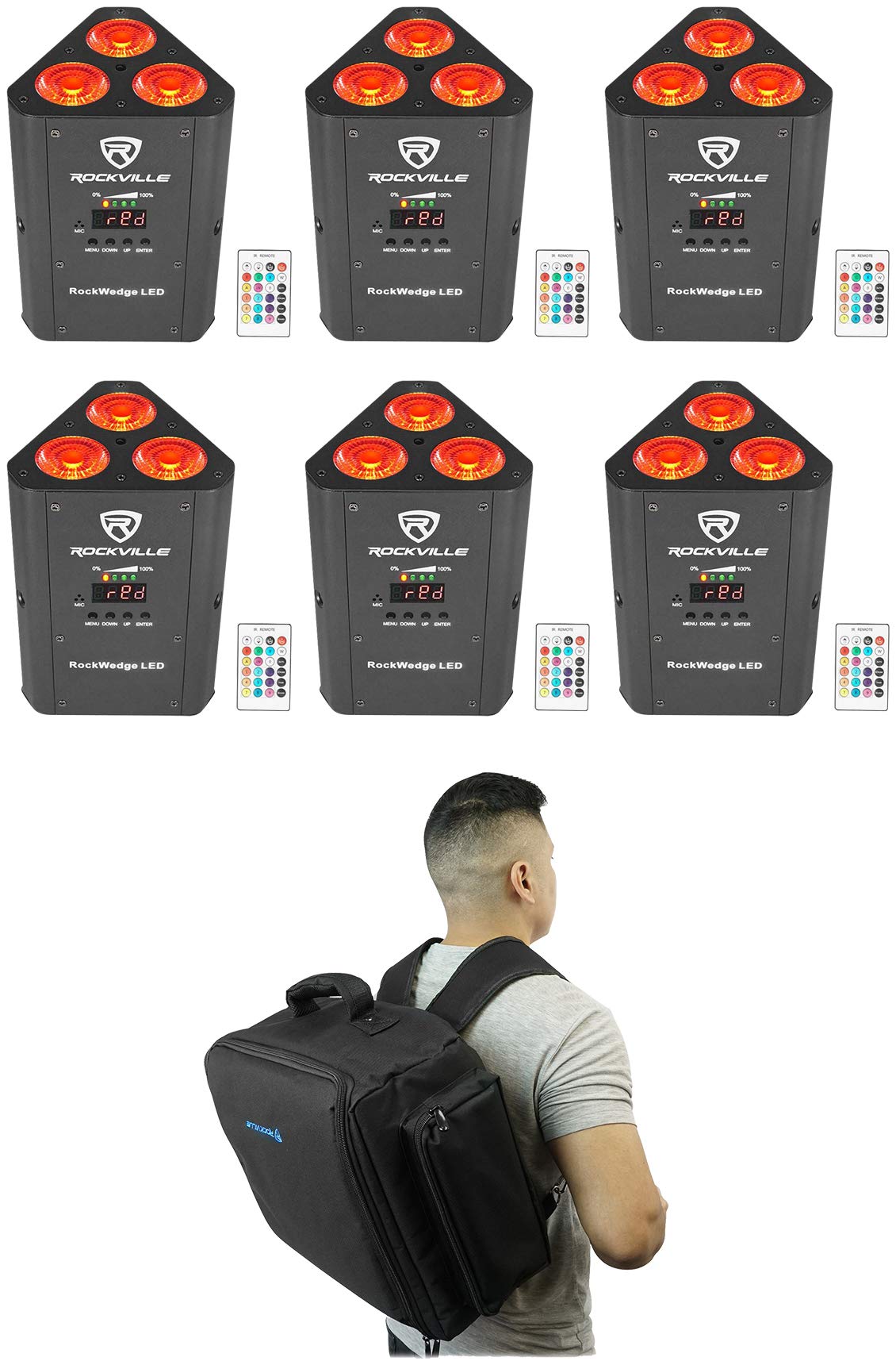 Rockville RockWedge LED 54W RGBWA+UV Rechargeable Wireless DMX Stage Lights with Backpack - Perfect for DJ Shows, Concerts, and Nightclub Lighting Effects