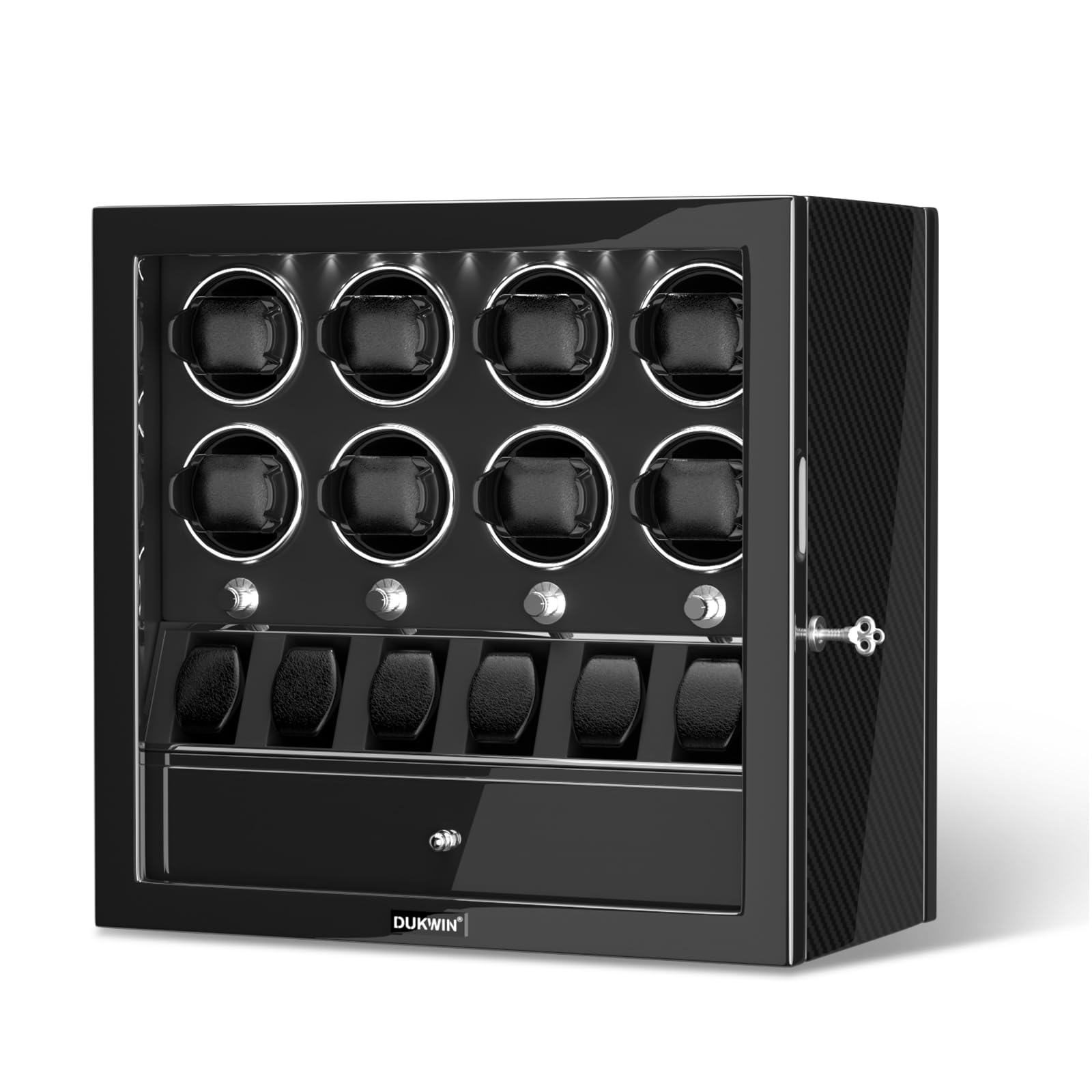 Premium DUKWIN Watch Winder for 2/4/6/8 Automatic Watches - Lockable Luxury Watch Box with Jewelry Storage | Super Quiet Mabuchi Motor, High-Gloss Piano Finish & LED Lighting | Perfect for Watch Collectors, Travel & Home Display