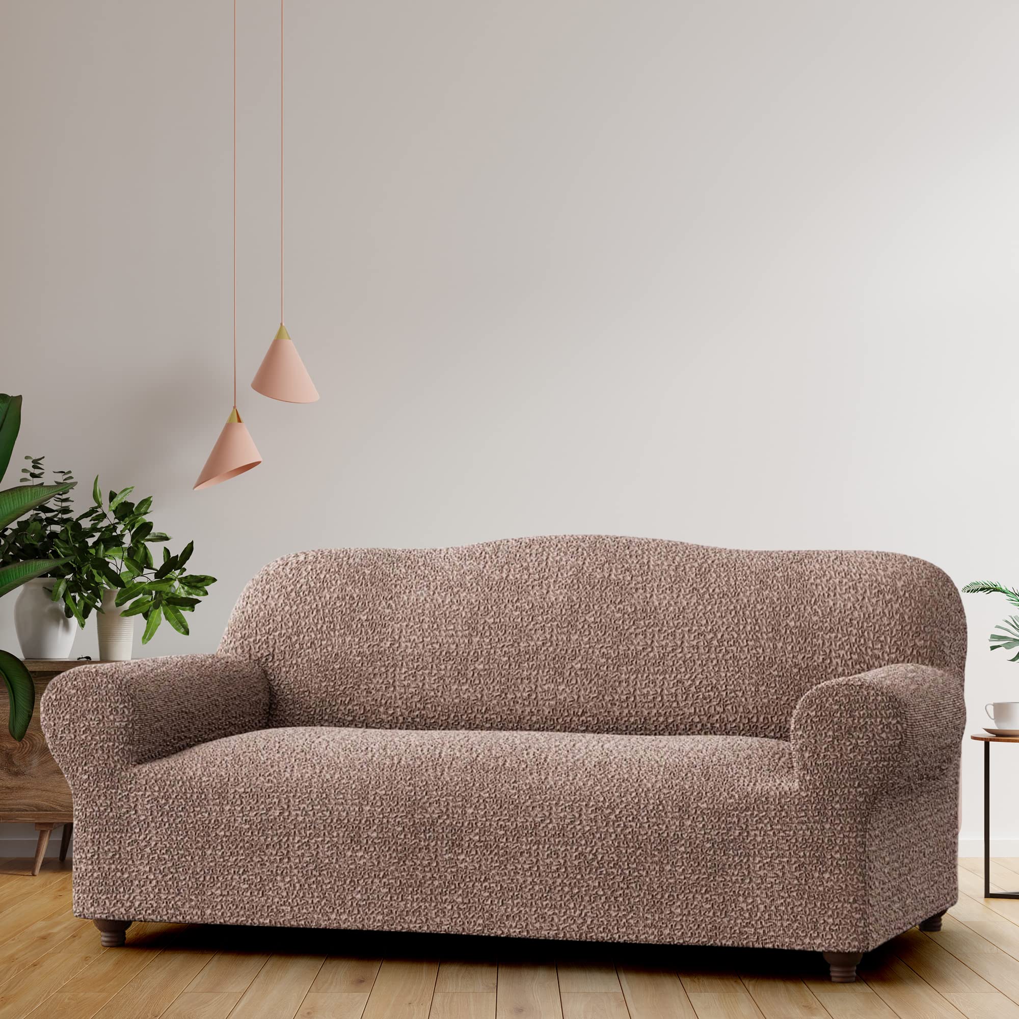 PAULATO BY GA.I.CO. Stretch Sofa Slipcover - 1-Piece Washable Couch Cover with Soft Polyester Fabric - Pet-Friendly Furniture Protector - Mille Righe Collection in Camel Color | Perfect for Living Room, Family Room & Pet Owners