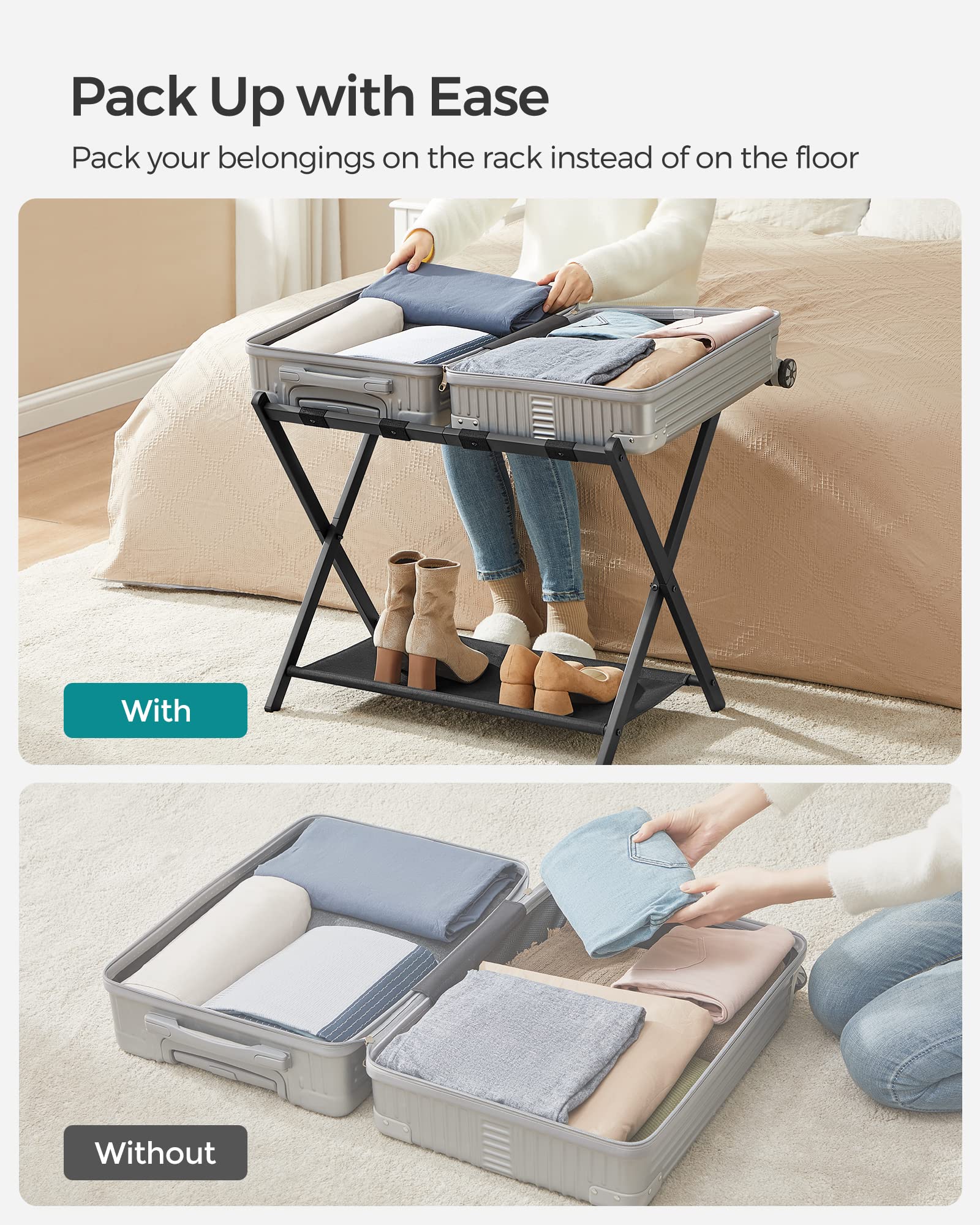 SONGMICS 2-Pack Foldable Luggage Rack with Storage Shelf - Heavy Duty Steel Frame Suitcase Stand for Bedroom, Hotel & Guest Room - Space Saving Black Travel Organizer (Perfect for Small Spaces & Overnight Guests)