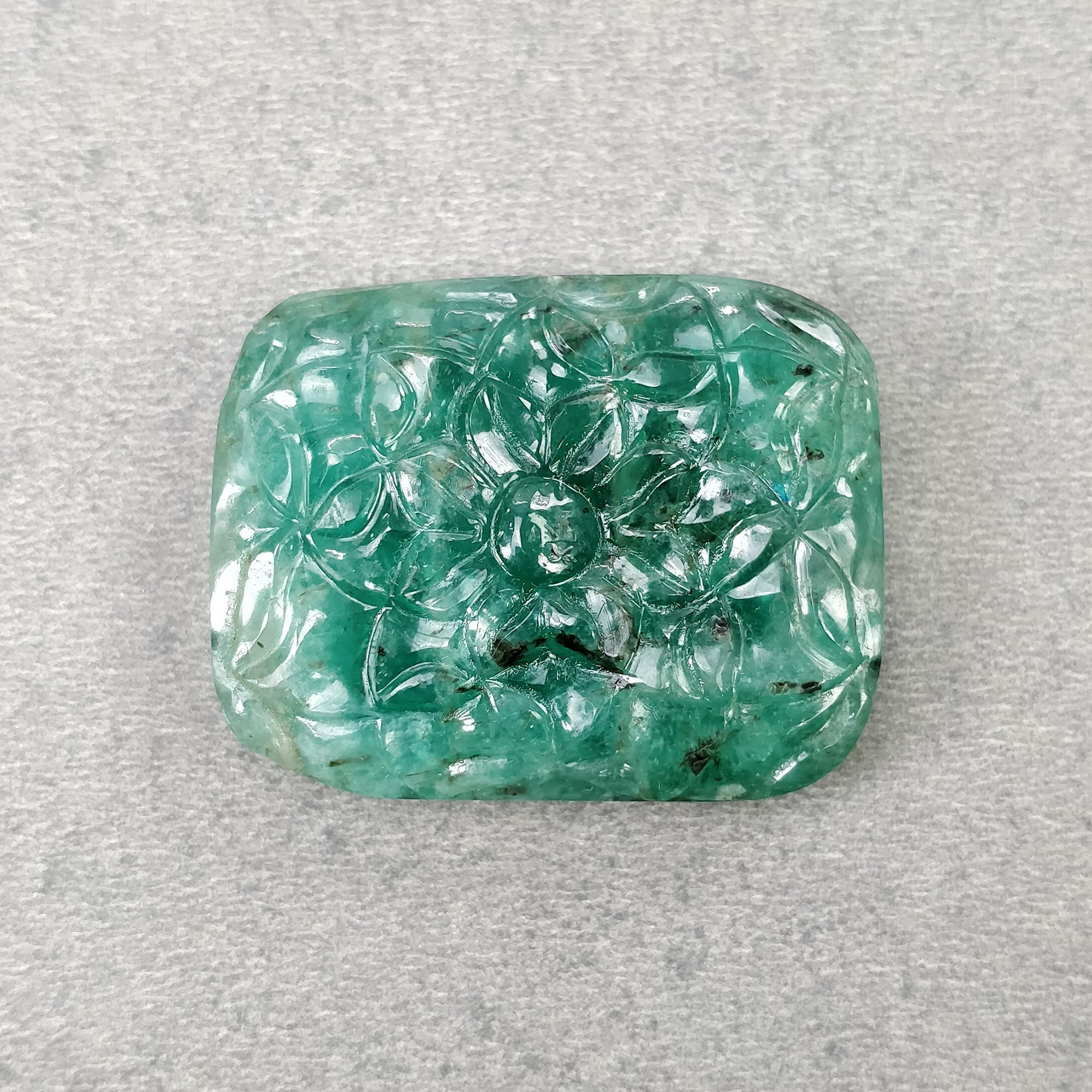 Natural Untreated 97.80cts Green Emerald Gemstone - Hand Carved Cushion Shape 37.5x30mm | Both Side Carved | Jewelry Making, Engagement Rings & Luxury Gift