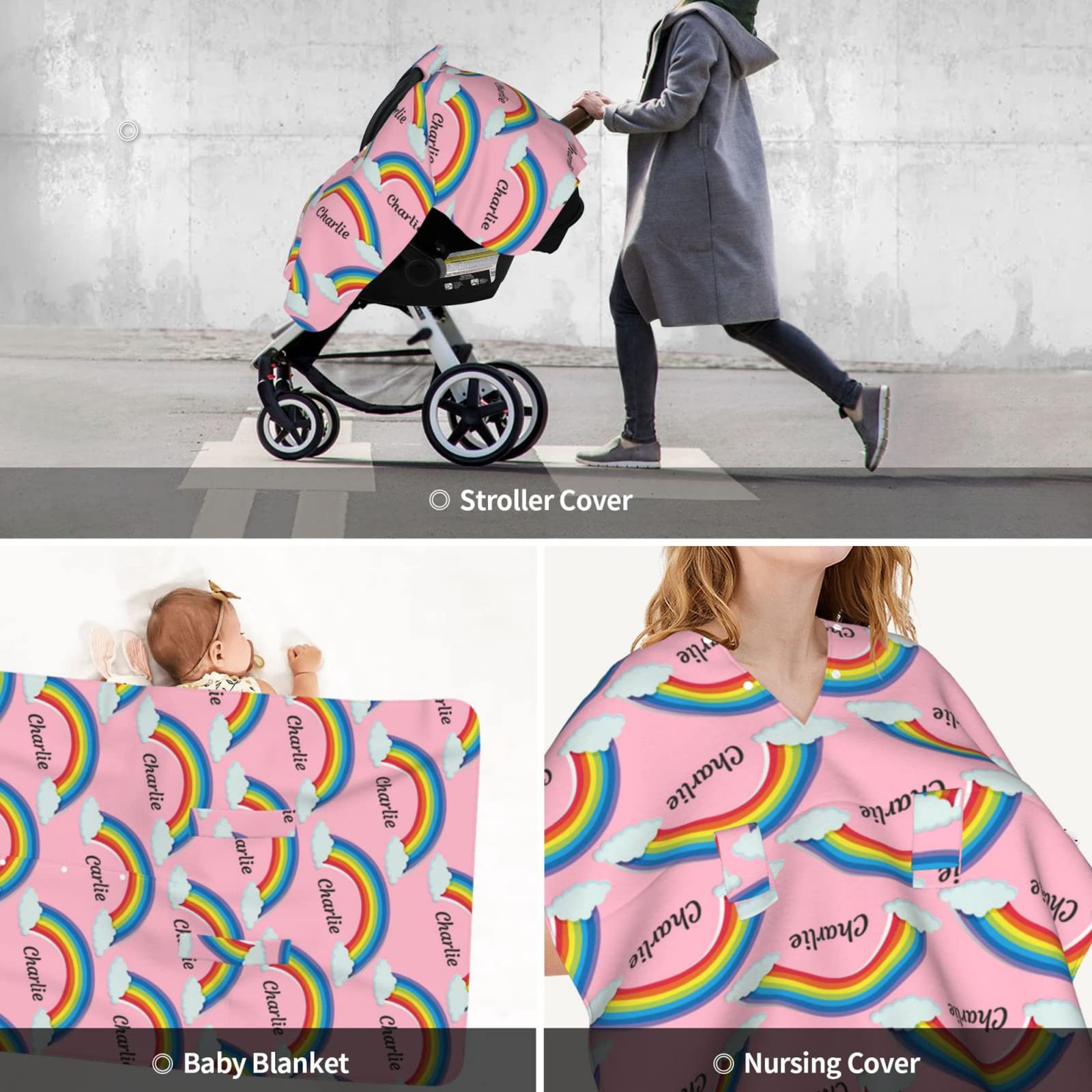 Custom Personalized Rainbow Pink Baby Car Seat Canopy with Name - Soft Minky Peekaboo Nursing Cover for Infant Girls - Perfect for Strollers, Breastfeeding & Newborn Protection